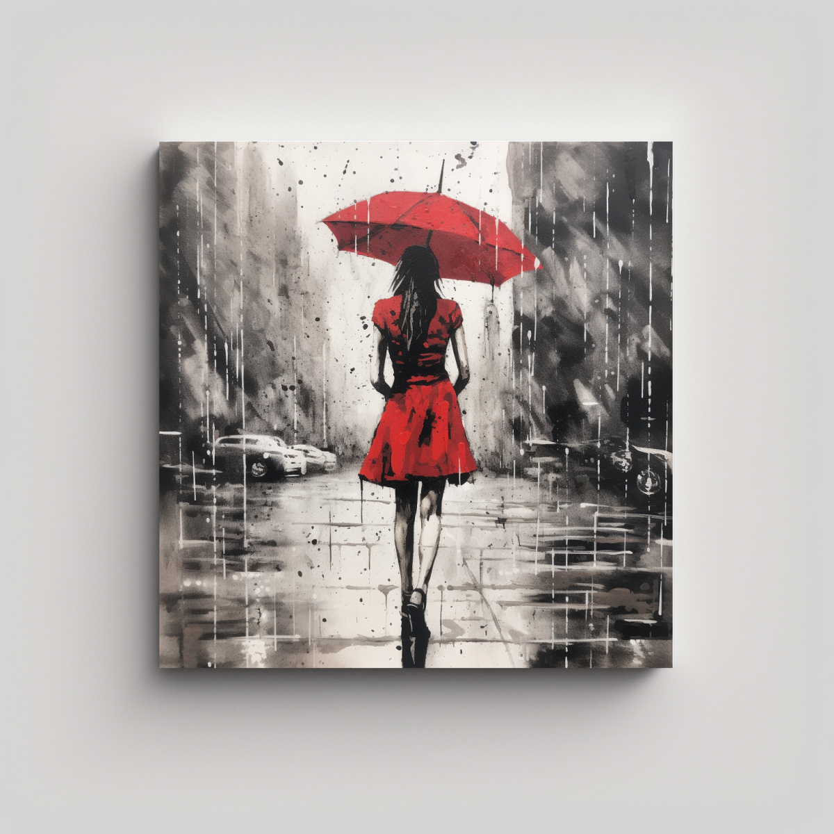 REGALO PINTURA MUJER VESTIDA ROJO CAMINANDO BAJO 90X90 CM - 1