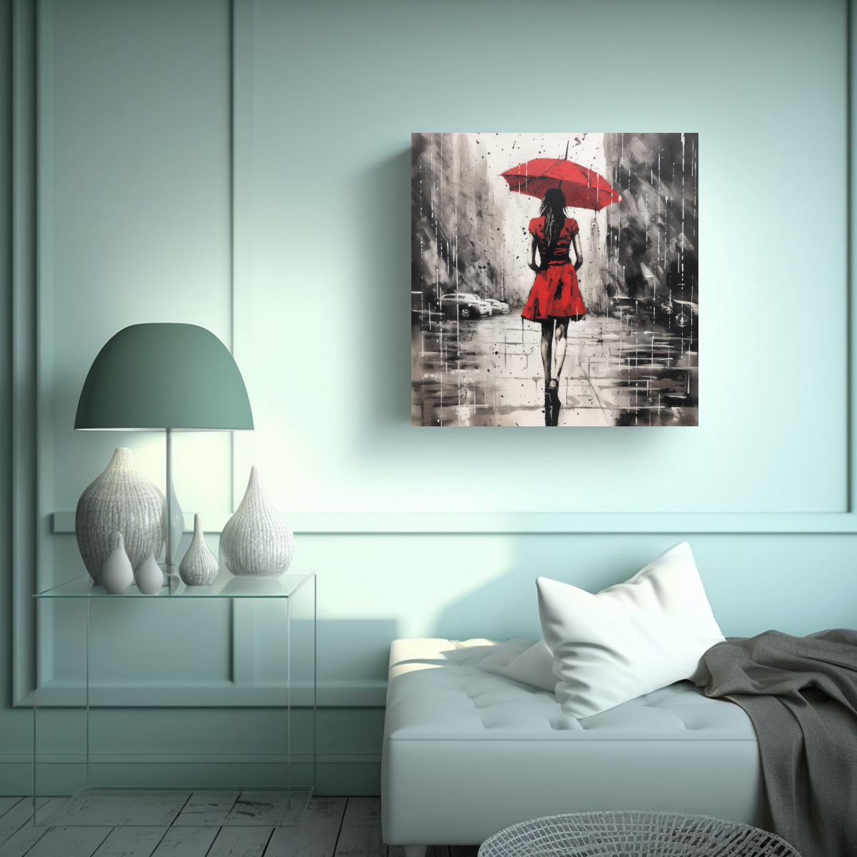 REGALO PINTURA MUJER VESTIDA ROJO CAMINANDO BAJO 90X90 CM - 2
