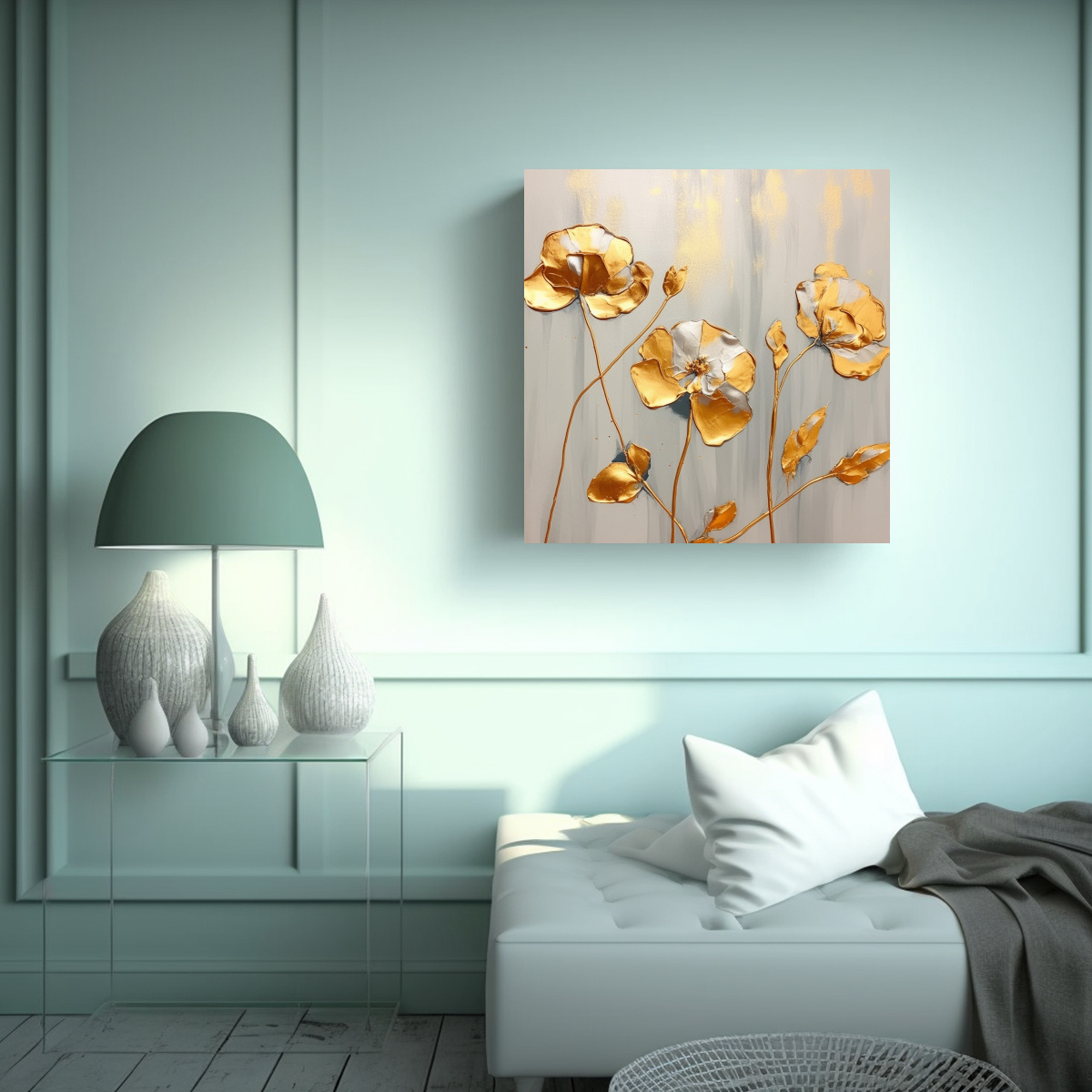 PINTURAS DECORATIVAS TEMÁTICA FLORES DORADAS EN 40X40 CM - 2