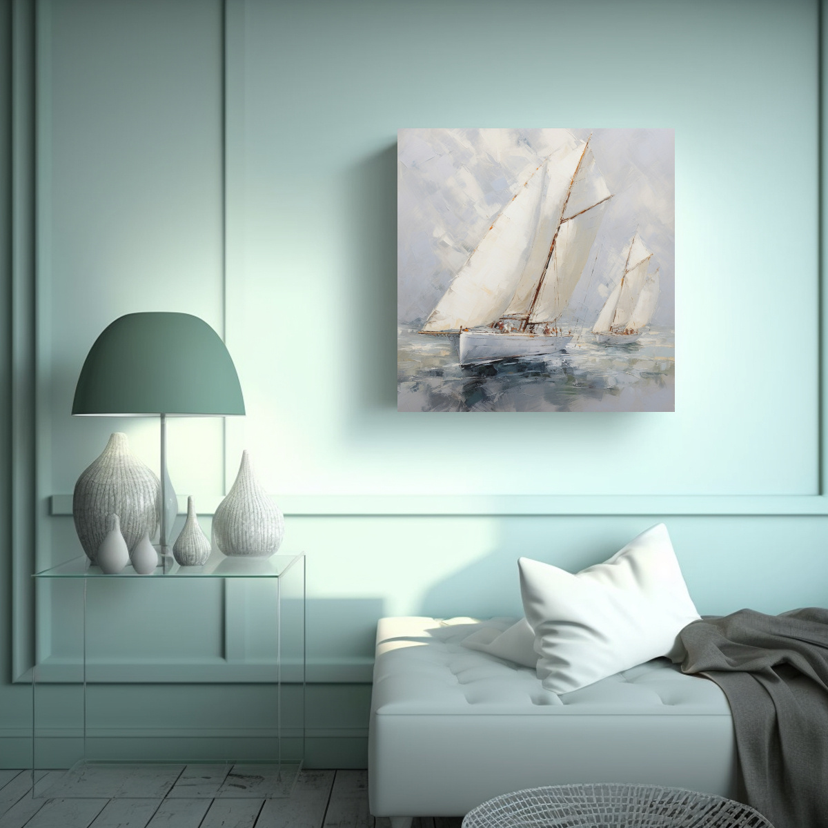 PINTURA MODERNA EN TELA DE BARCOS BLANCOS CON 90X90 CM - 2