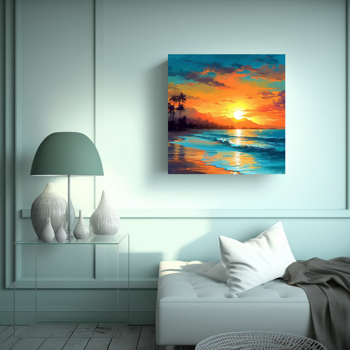 CUADRO DE PLAYA AL ATARDECER EN BASTIDOR DE TELA 60X60 CM - 2