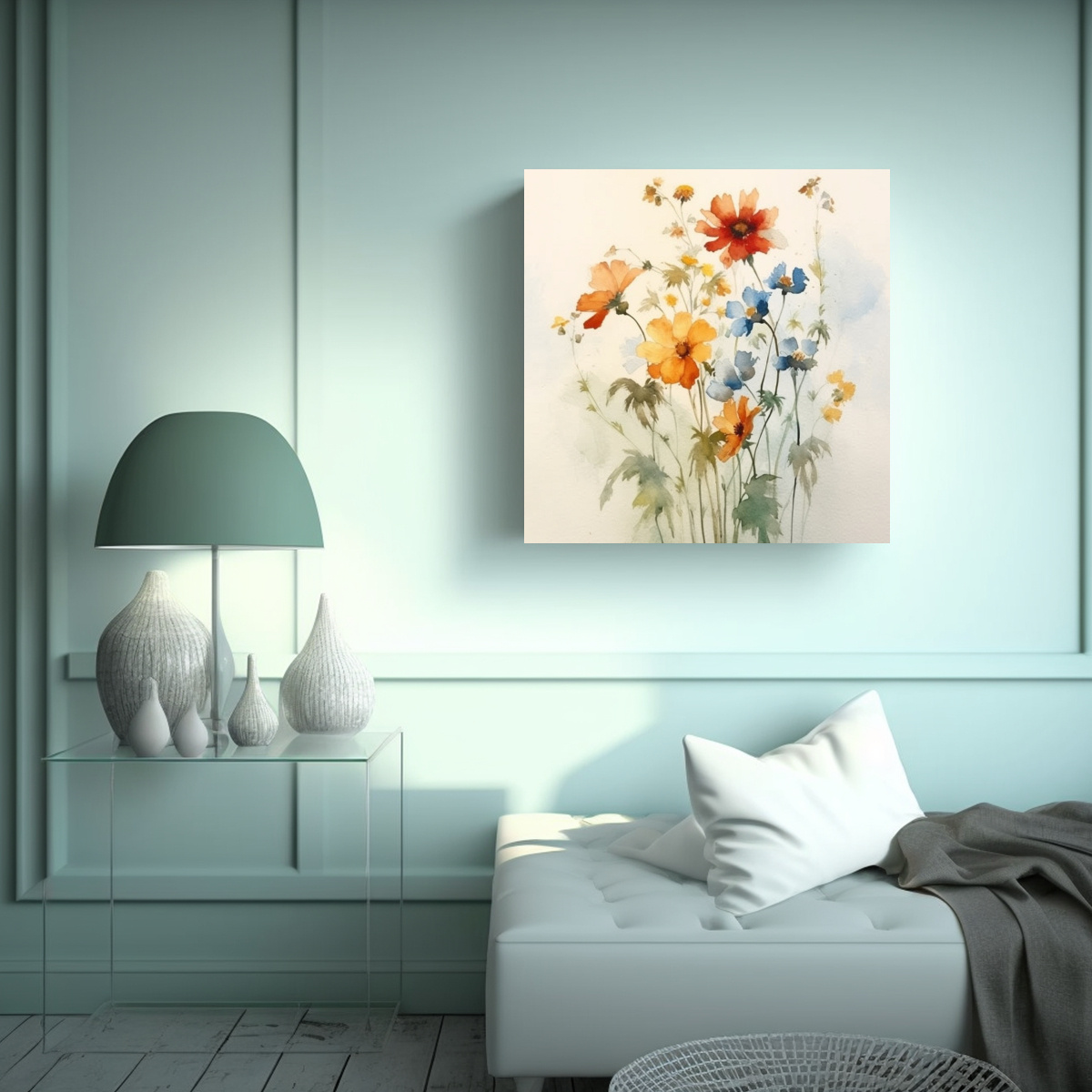 PINTURA ACUARELA VINTAGE DE FLORES MULTICOLOR EN 90X90 CM - 2