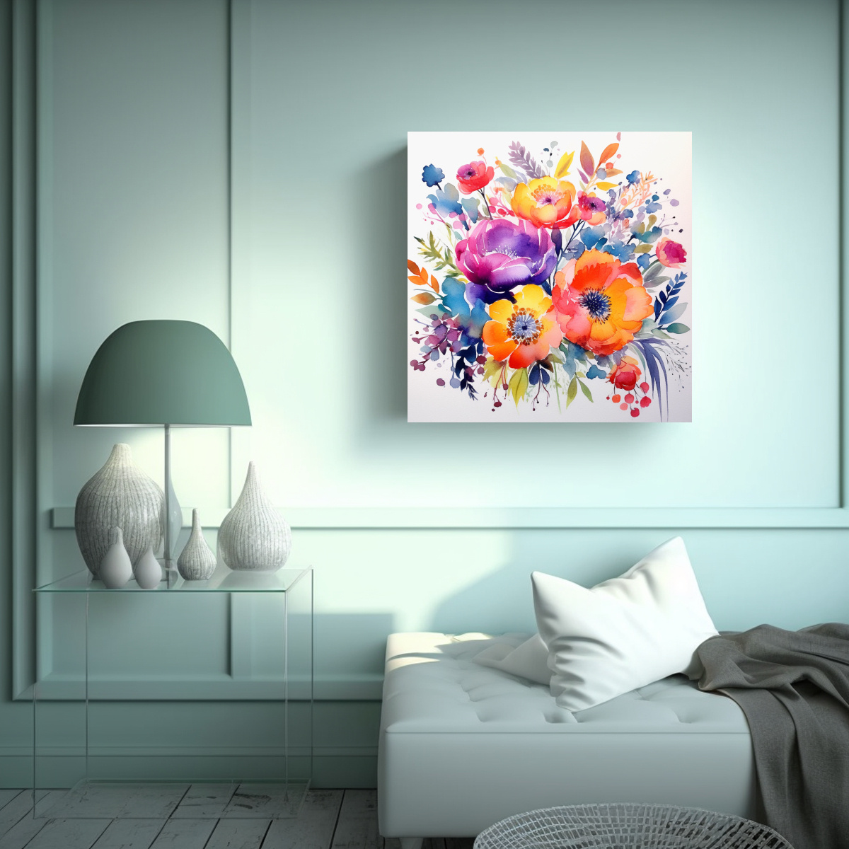 FLORALES ACUARELA SOBRE FONDO BLANCO EXCLUSIVO 50X50 CM - 2