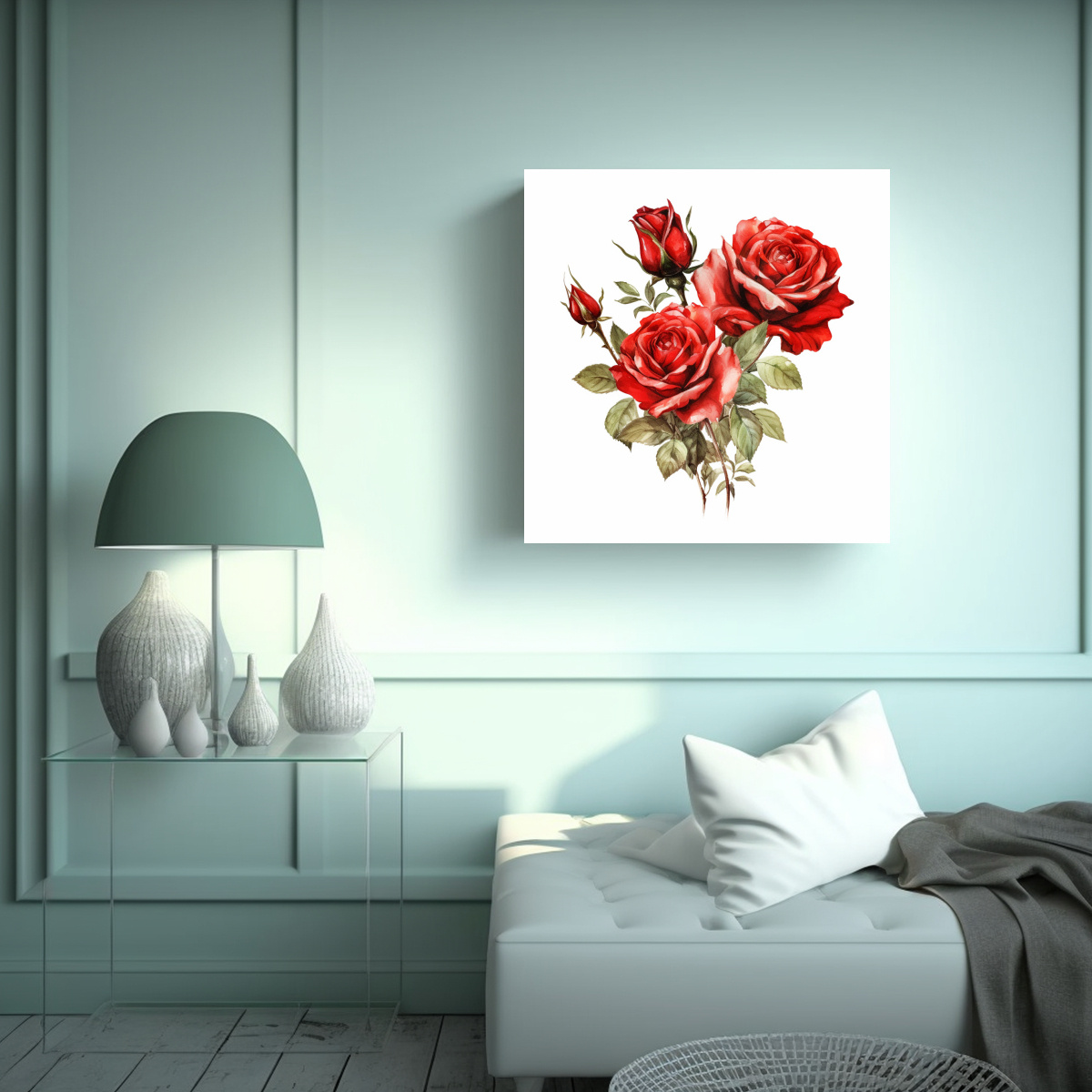 CUADRO VINTAGE DE ACUARELA CON ROSAS ROJAS DE 30X30 CM - 2