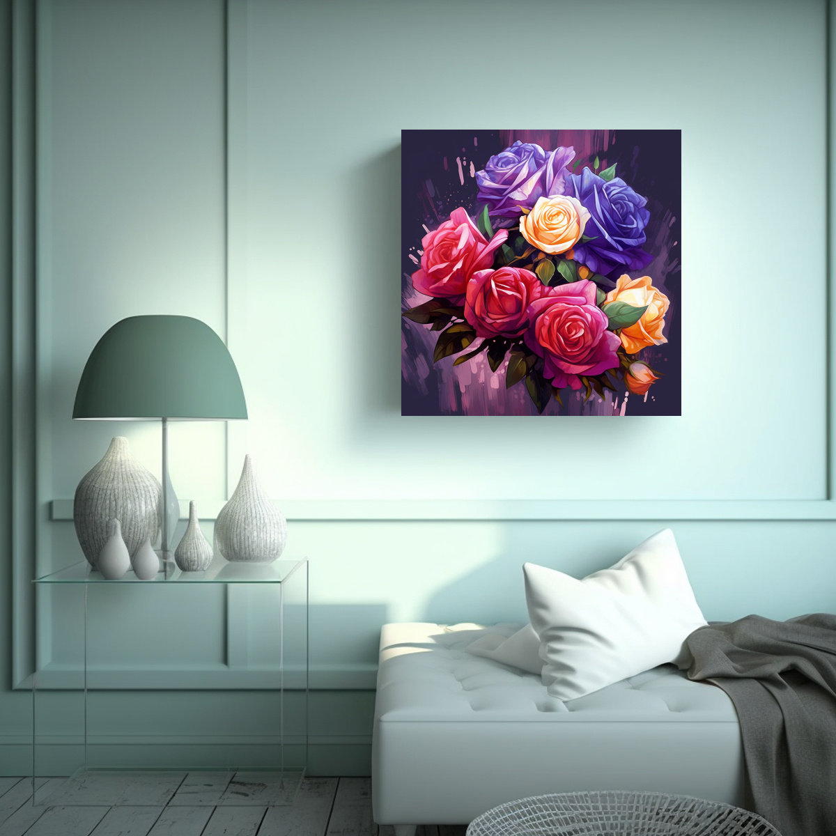 PINTURA SURREALISTA DE ROSAS ROJAS, AMARILLAS Y 100X100 CM - 2
