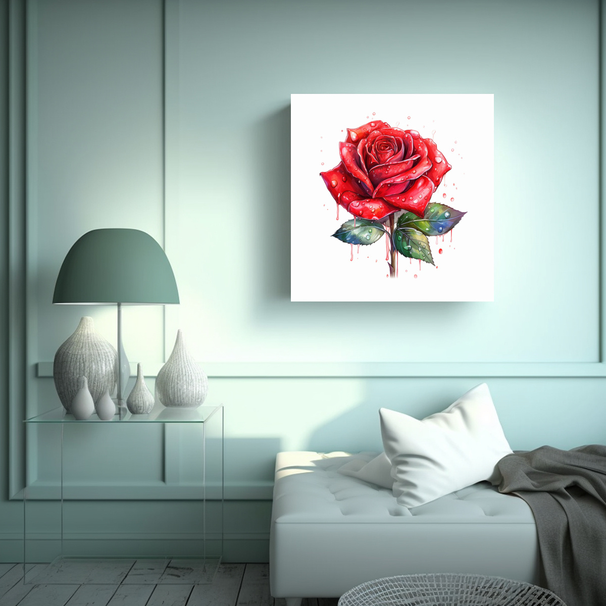 ROSA ROJA ACUARELA REALISTA CONCEPTO ORIGINAL 30X30 CM - 2