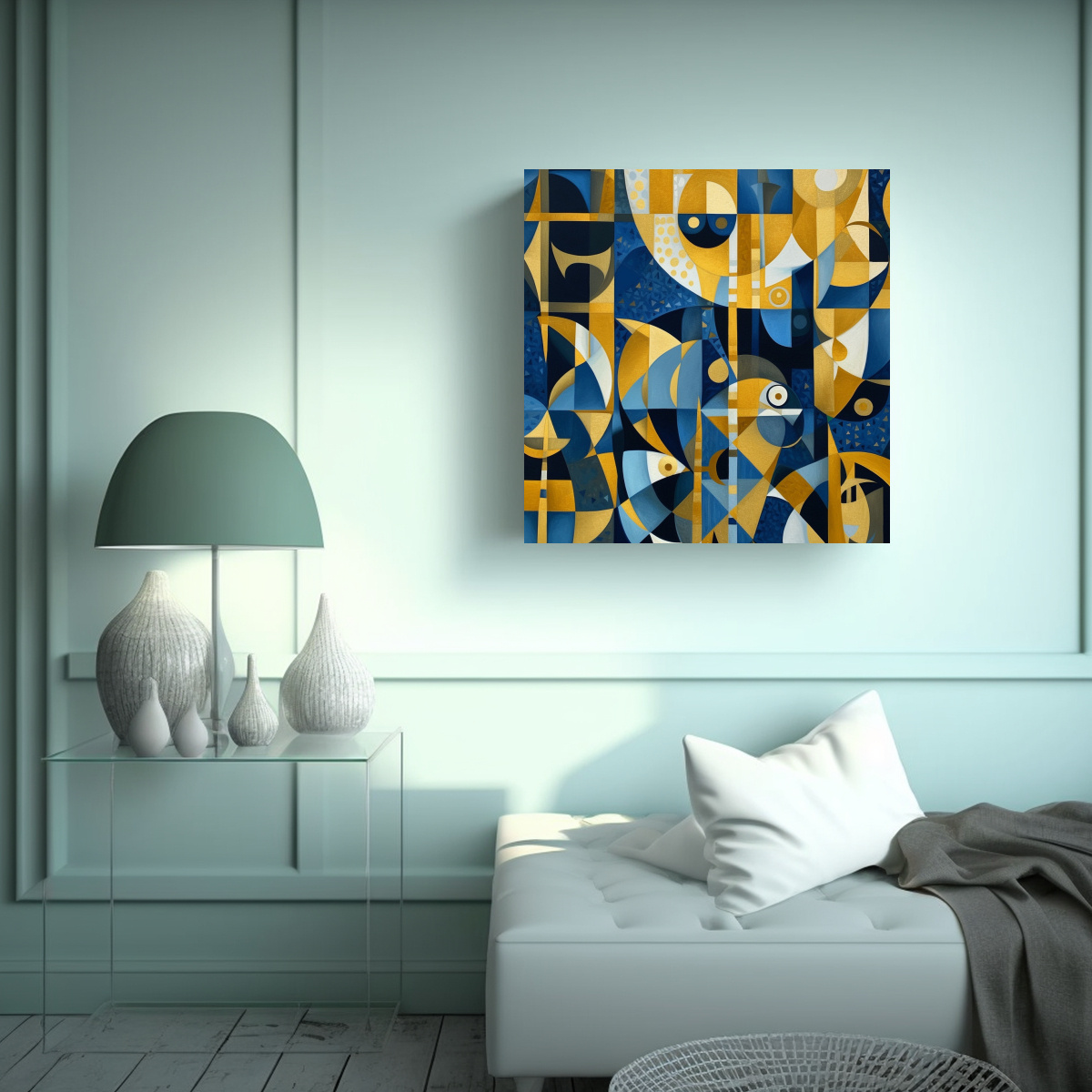PINTURA GEOMÉTRICA AZUL Y DORADA PARA 70X70 CM - 2
