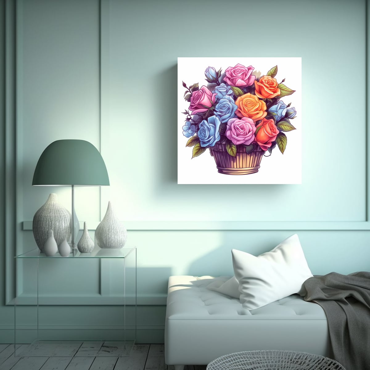 ILUSTRACIÓN DE CANASTA CON ROSAS COLORIDAS Y 20X20 CM - 2