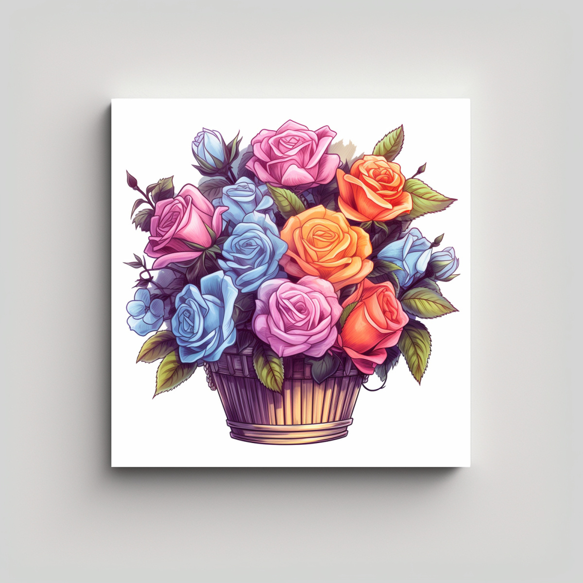 ILUSTRACIÓN DE CANASTA CON ROSAS COLORIDAS Y 90X90 CM - 1
