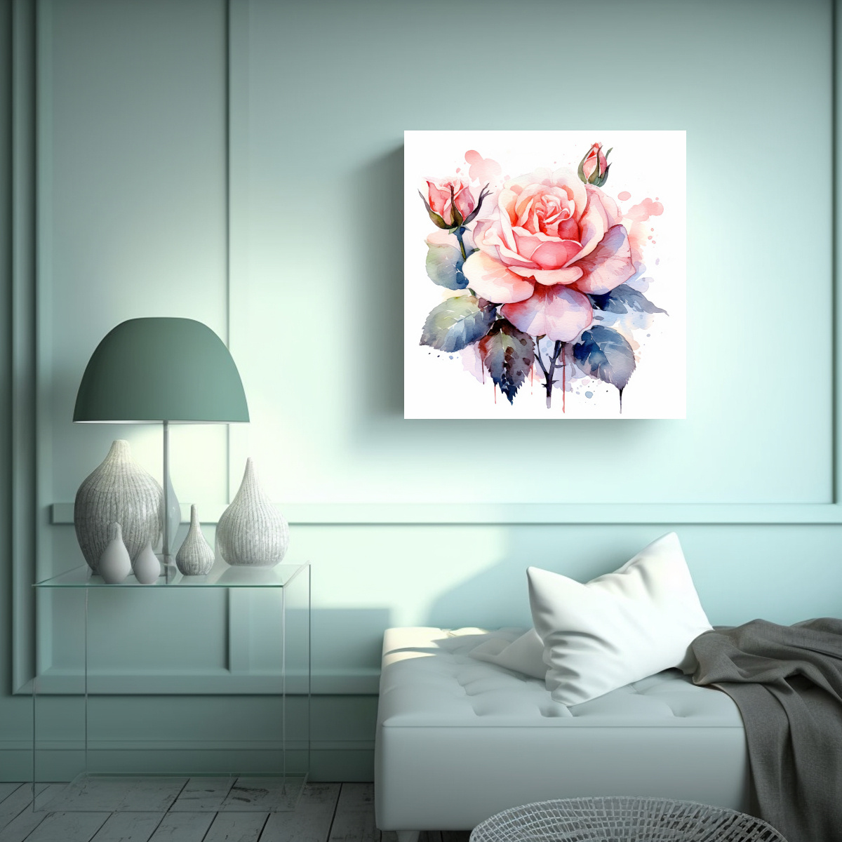 PINTURA FLORAL ACUARELA ROSAS COMPOSICIÓN 40X40 CM - 2