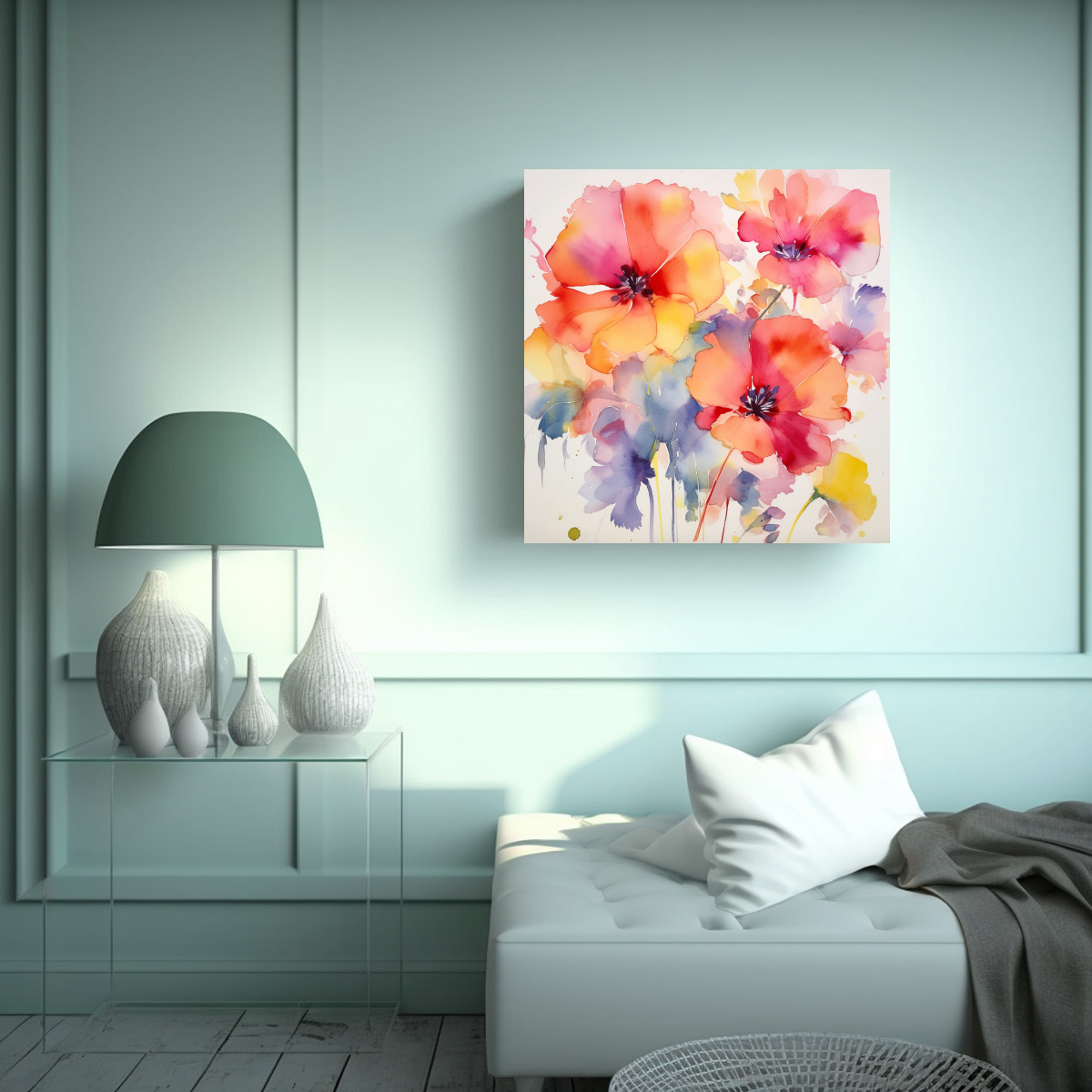 ESPECTACULAR LIENZO INTERIORES FLORAL ACUARELA 80X80 CM - 2