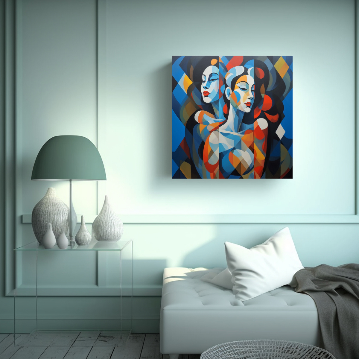 CUADRO DE MUJERES Y ESCULTURA DE PAYASO EN FRENTE 50X50 CM - 2