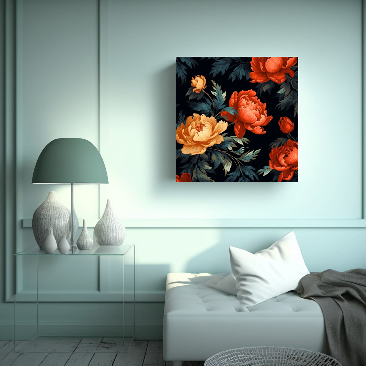 CUADRO ELEGANTE DE PEONÍA EN ACEITE CON PATRÓN 90X90 CM - 2