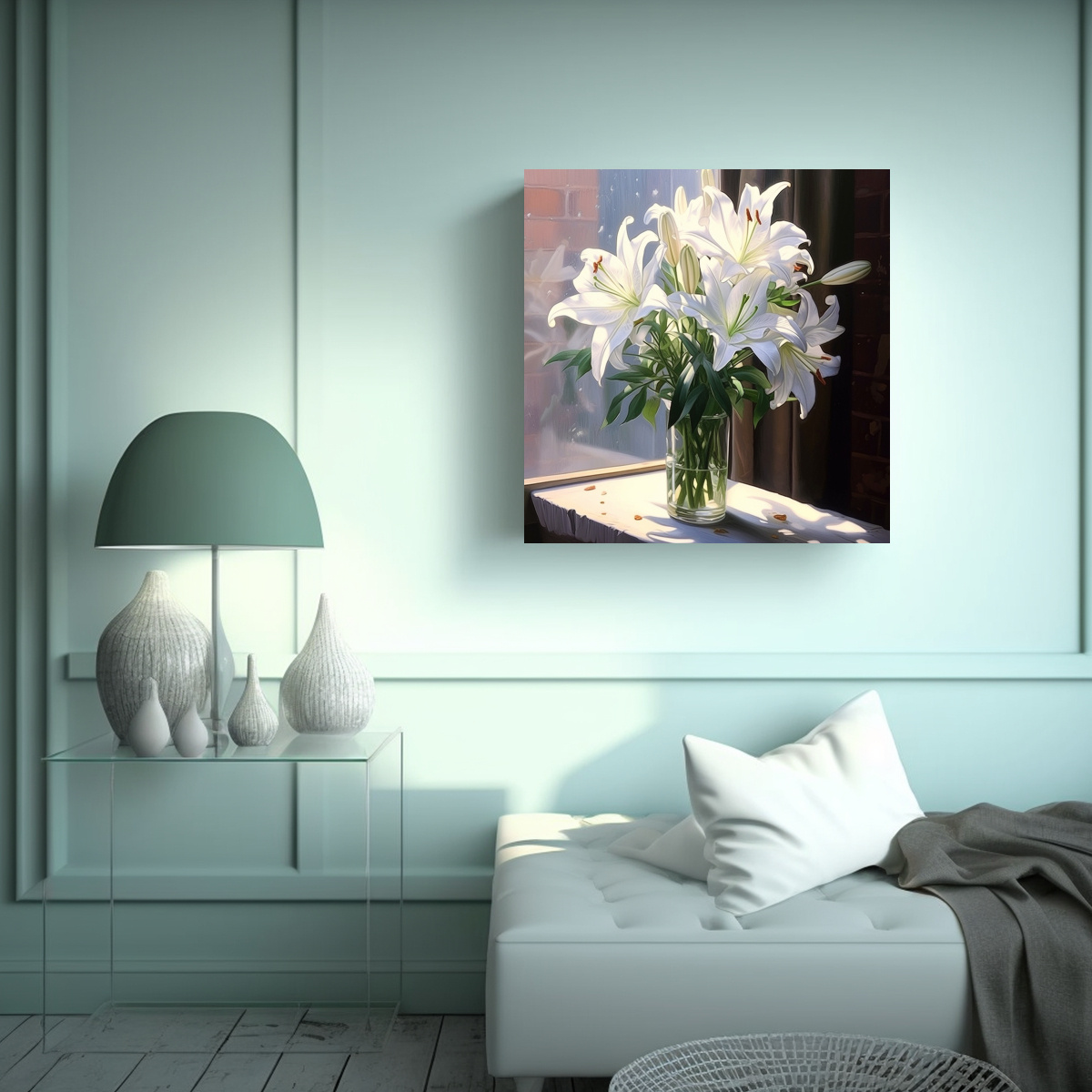 CUADRO DECORATIVO LIRIOS BLANCOS EN JARRÓN CON 100X100 CM - 2