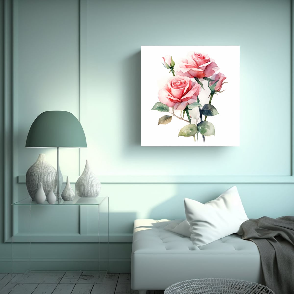SIMETRÍA DE ROSA ACUARELA DECORATIVA ARTE DIBUJO 90X90 CM - 2