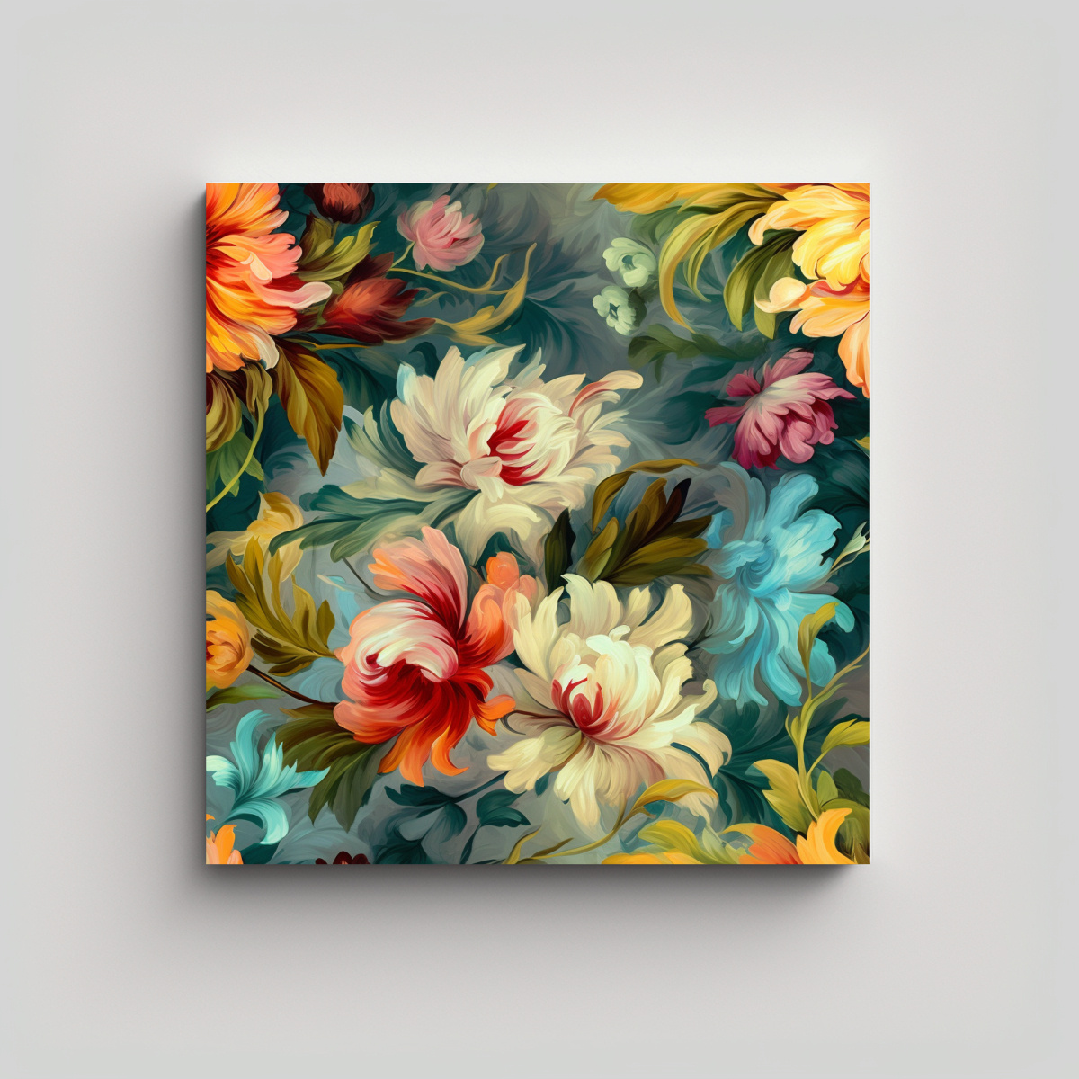 EXCLUSIVA PINTURA EN ÓLEO FLORAL TELA BASTIDOR 60X60 CM - 1