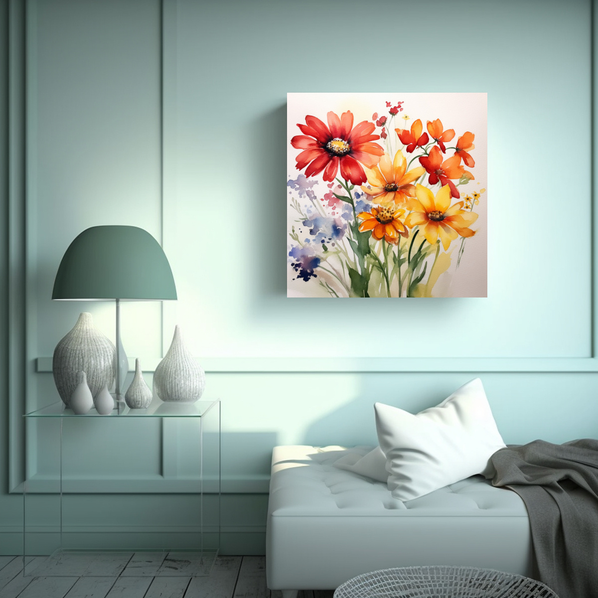 FLORES ACUARELA DE VERANO ARTE DECORATIVO PINTURA 50X50 CM - 2