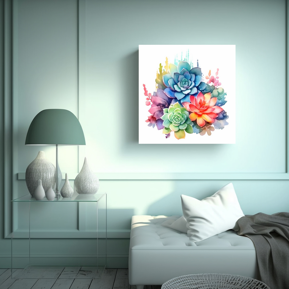 ARTE VINTAGE DE CACTUS SUCULENTO ACUARELA EN 50X50 CM - 2