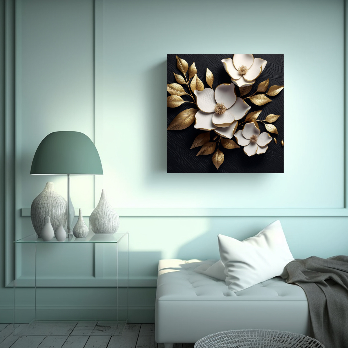 ARTE MODERNO DE PARED 3D MAGNOLIA DORADA CON 70X70 CM - 2