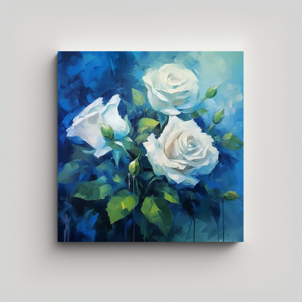 ILUSTRACIÓN LIENZO AZUL ROSA ARTE CON HOJAS 70X70 CM - 1