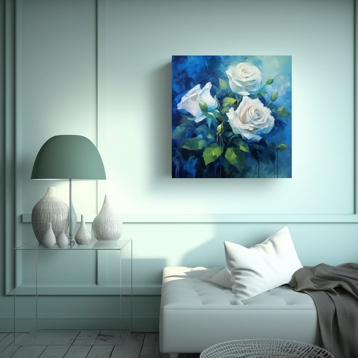 ILUSTRACIÓN LIENZO AZUL ROSA ARTE CON HOJAS 70X70 CM - 2