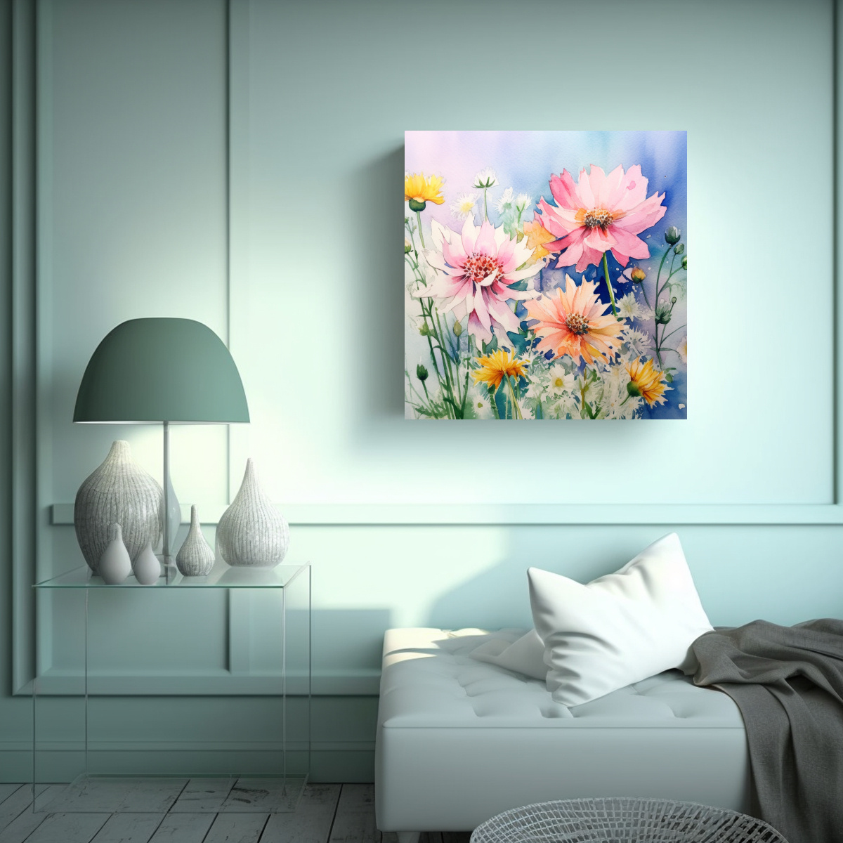 VERANO ACUARELA FLORES ARTE DECORATIVO TEMÁTICO 70X70 CM - 2
