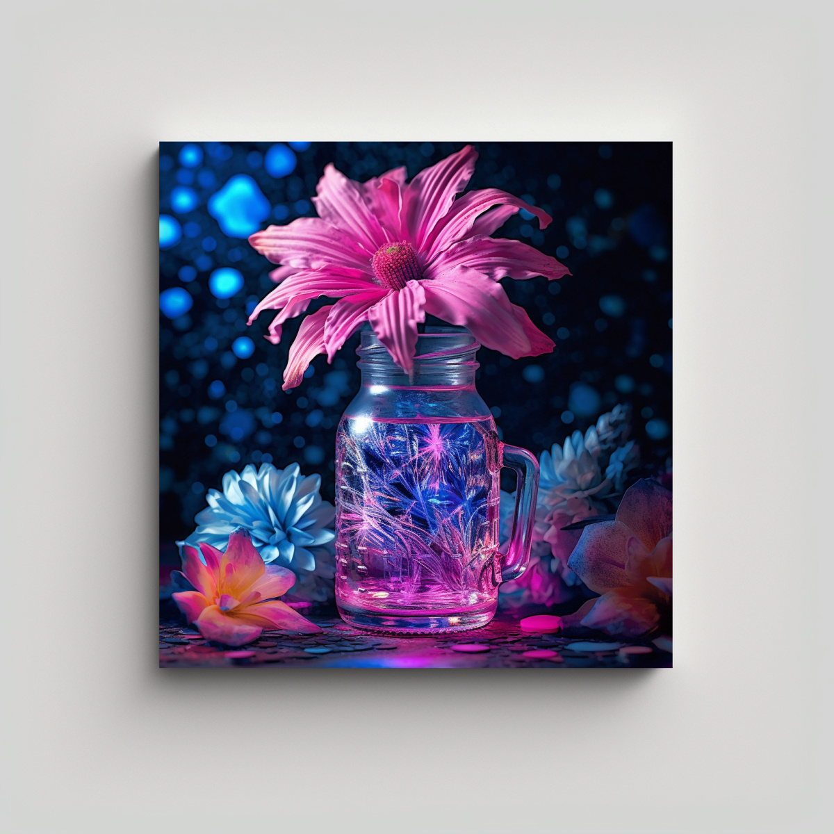 ACUARELA ARTE MURAL AZUL FLOR EN JARRÓN DE 80X80 CM - 1