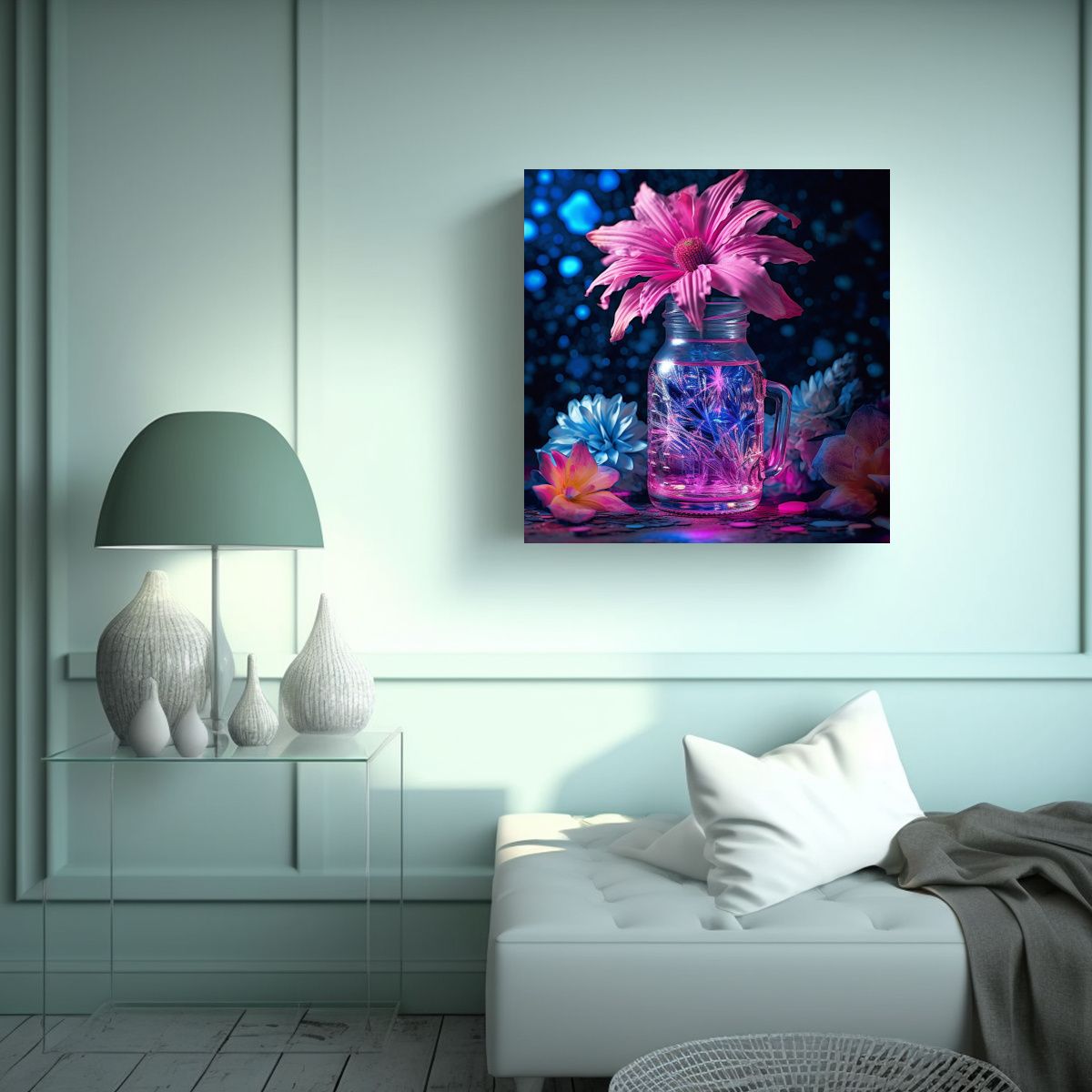 ACUARELA ARTE MURAL AZUL FLOR EN JARRÓN DE 80X80 CM - 2