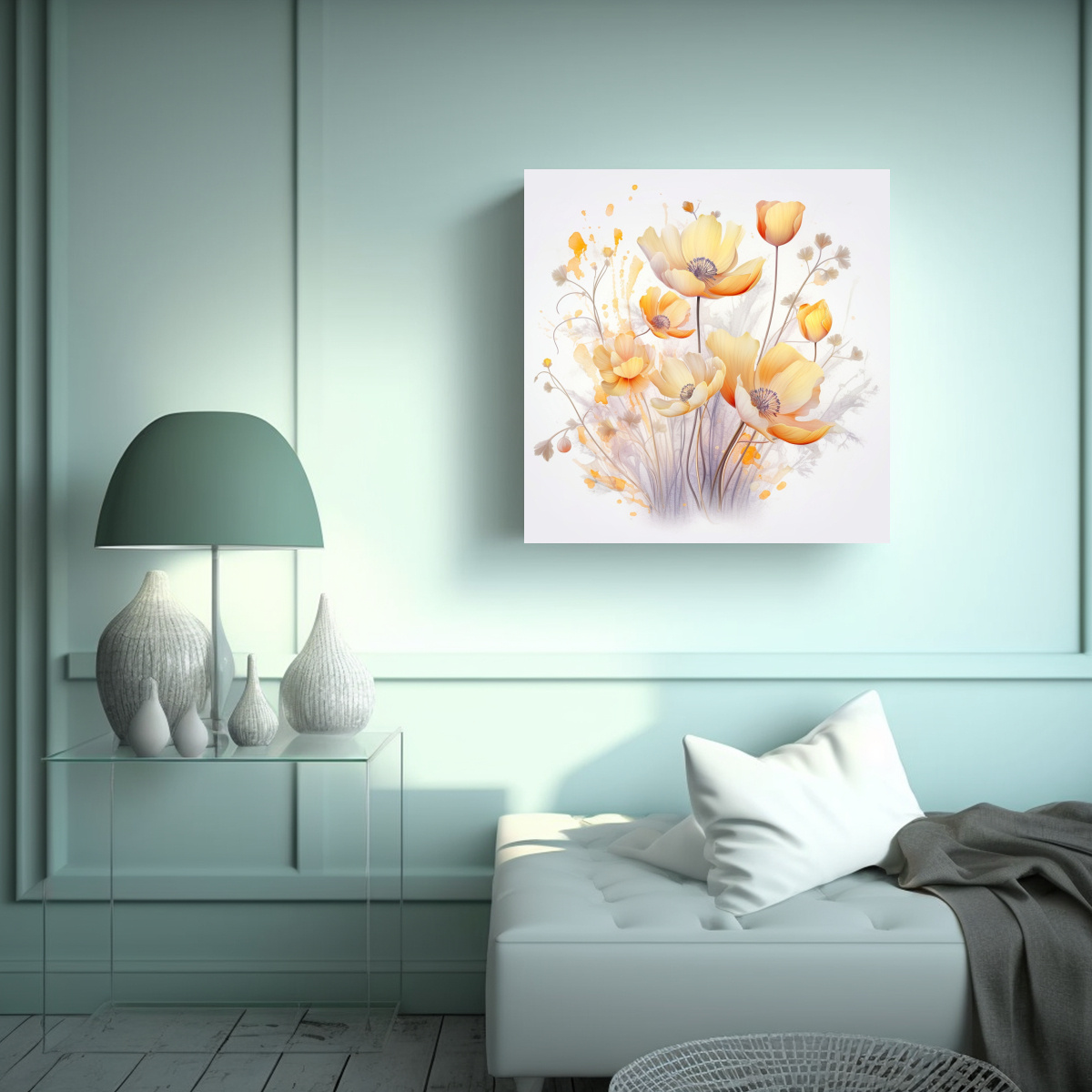 PINTURA DECORATIVA MINIMALISTA FLORES DORADAS 90X90 CM - 2