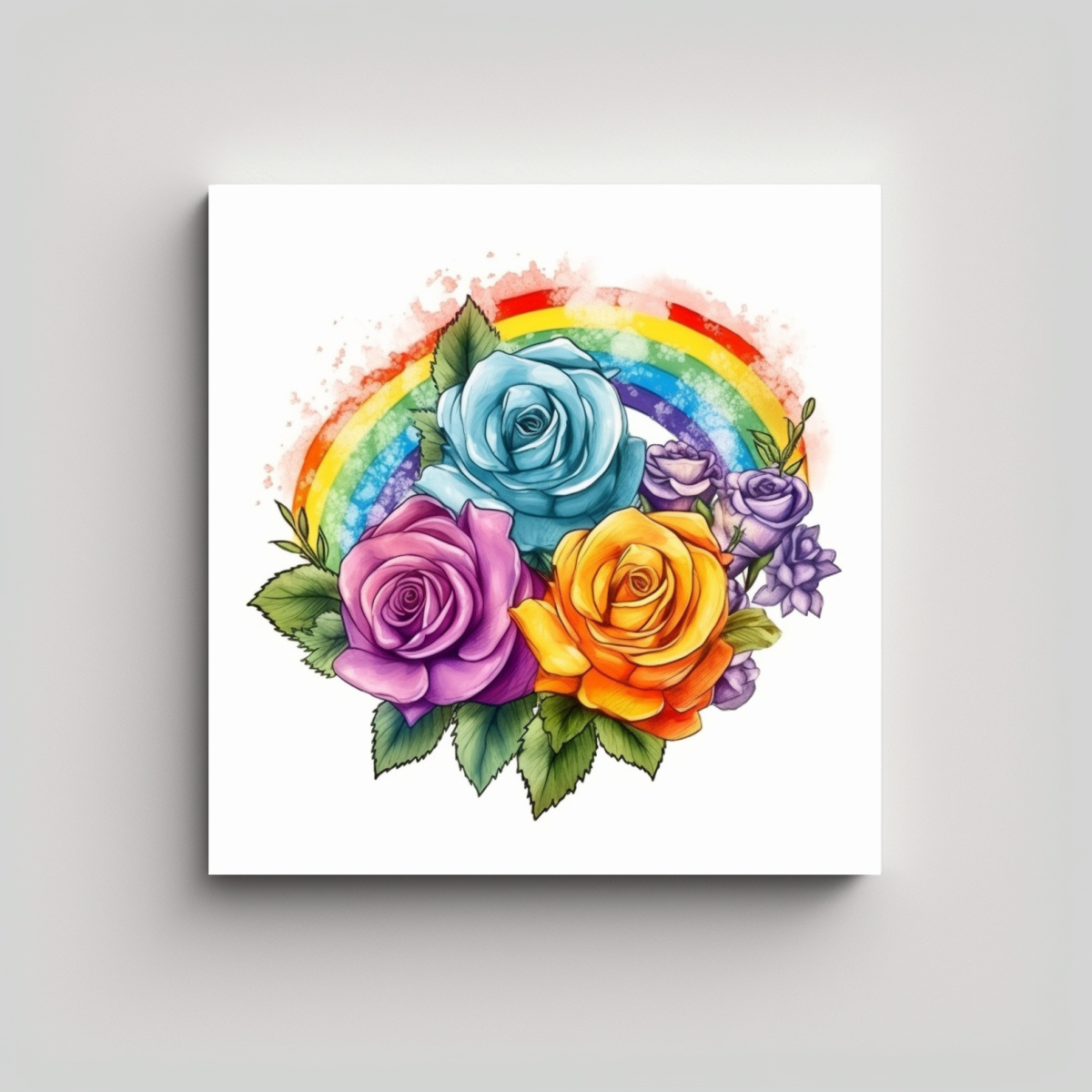 PINTURA DE ACUARELA HD CON ROSAS EN ARCO IRIS Y 70X70 CM - 1