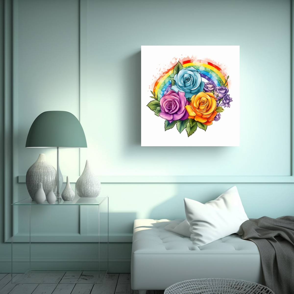 PINTURA DE ACUARELA HD CON ROSAS EN ARCO IRIS Y 70X70 CM - 2
