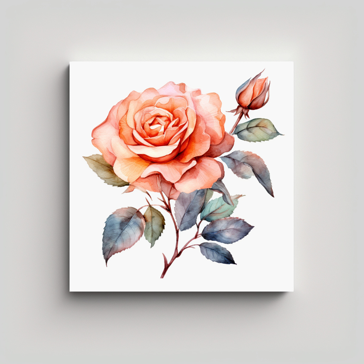 MURAL DE LIENZO CON RAMA DE ROSA ACUARELA Y HOJAS 50X50 CM - 1