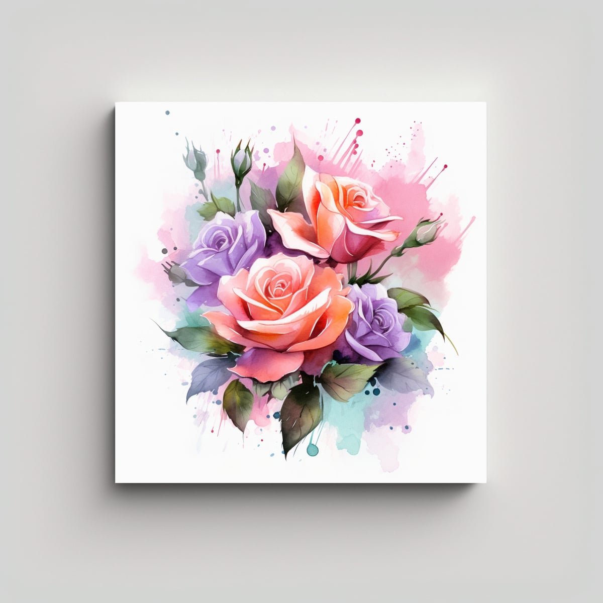 CUADRO LIENZO DE ACUARELA FLORAL ROSA EN ESTILO 90X90 CM - 1