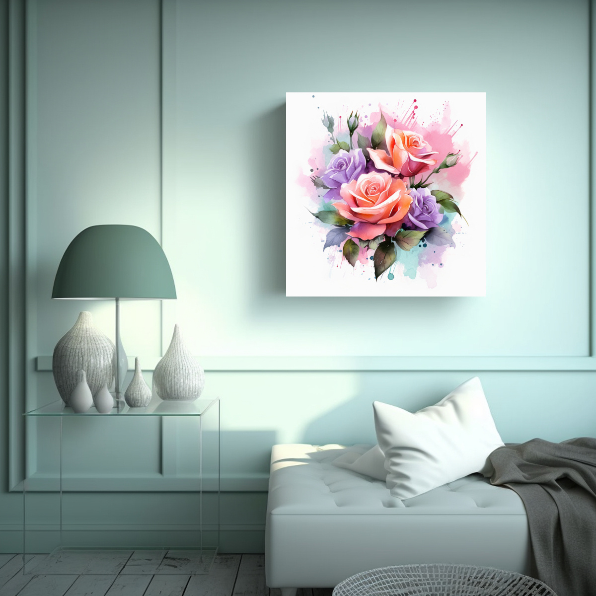 CUADRO LIENZO DE ACUARELA FLORAL ROSA EN ESTILO 90X90 CM - 2