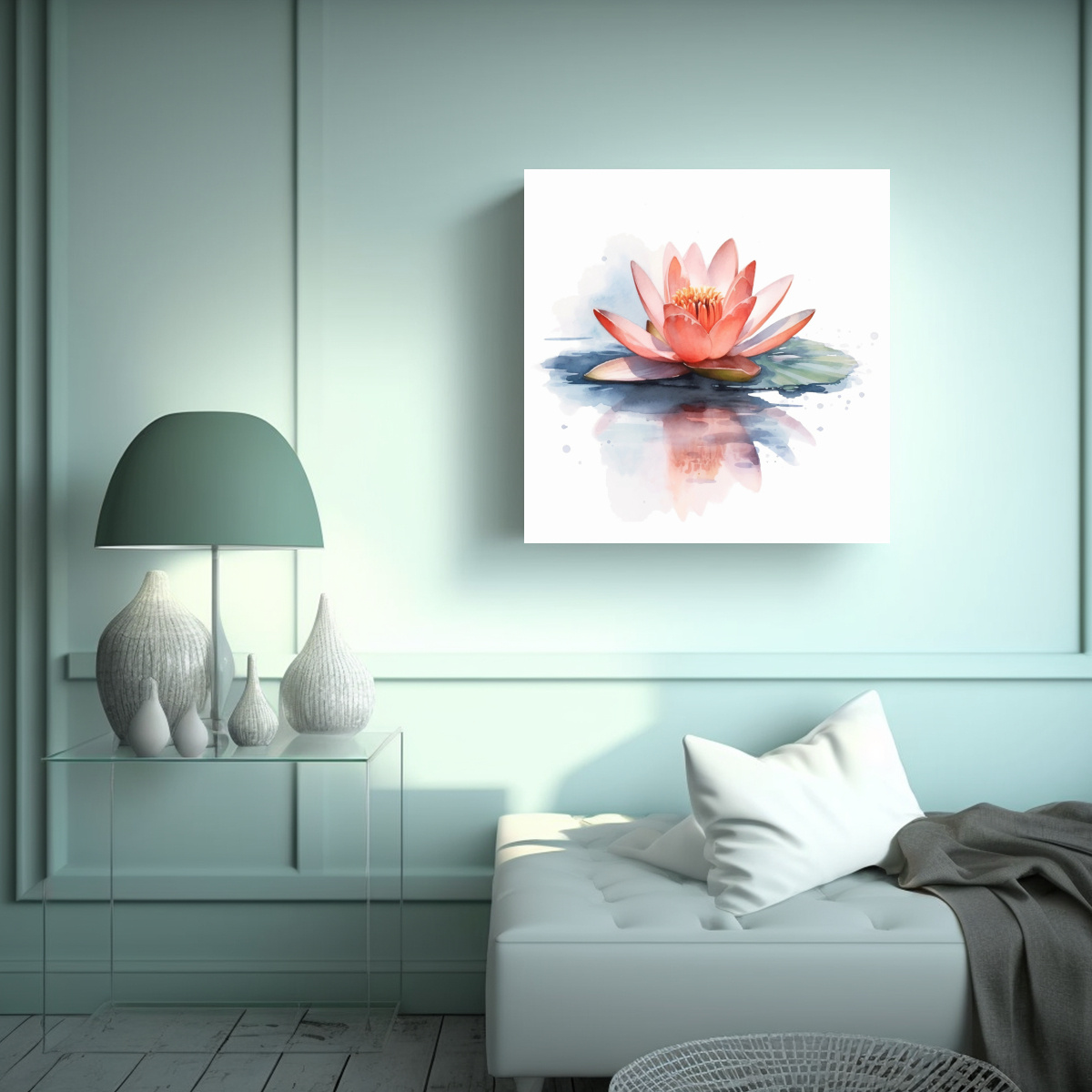 CUADRO COMPOSICION ACUARELA LOTUS EN AGUA ALTA 50X50 CM - 2