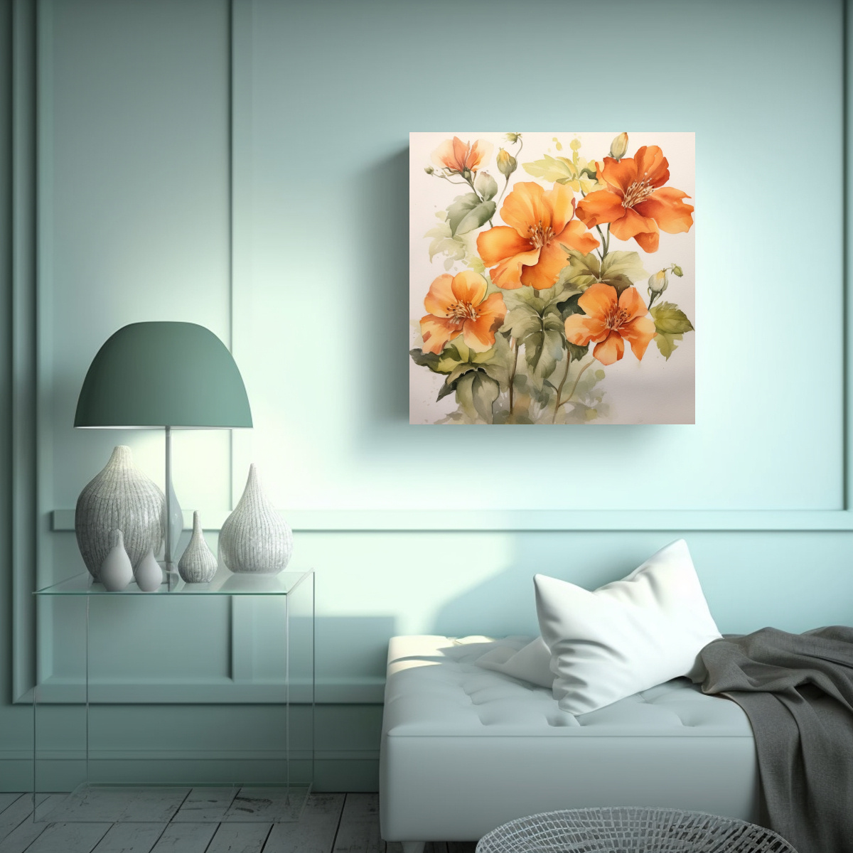 ELEGANTES FLORES ACUARELA NARANJA LIENZO ARTE 20X20 CM - 2