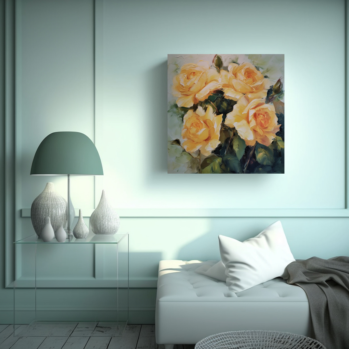 COMPOSICIÓN MODERNA DE LIEBRE Y ROSAS DE DURAZNO 90X90 CM - 2