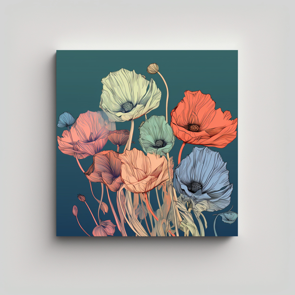 ARTE DE LÍNEA FLORAL BOTÁNICA COLORIDA LIENZO 50X50 CM - 1