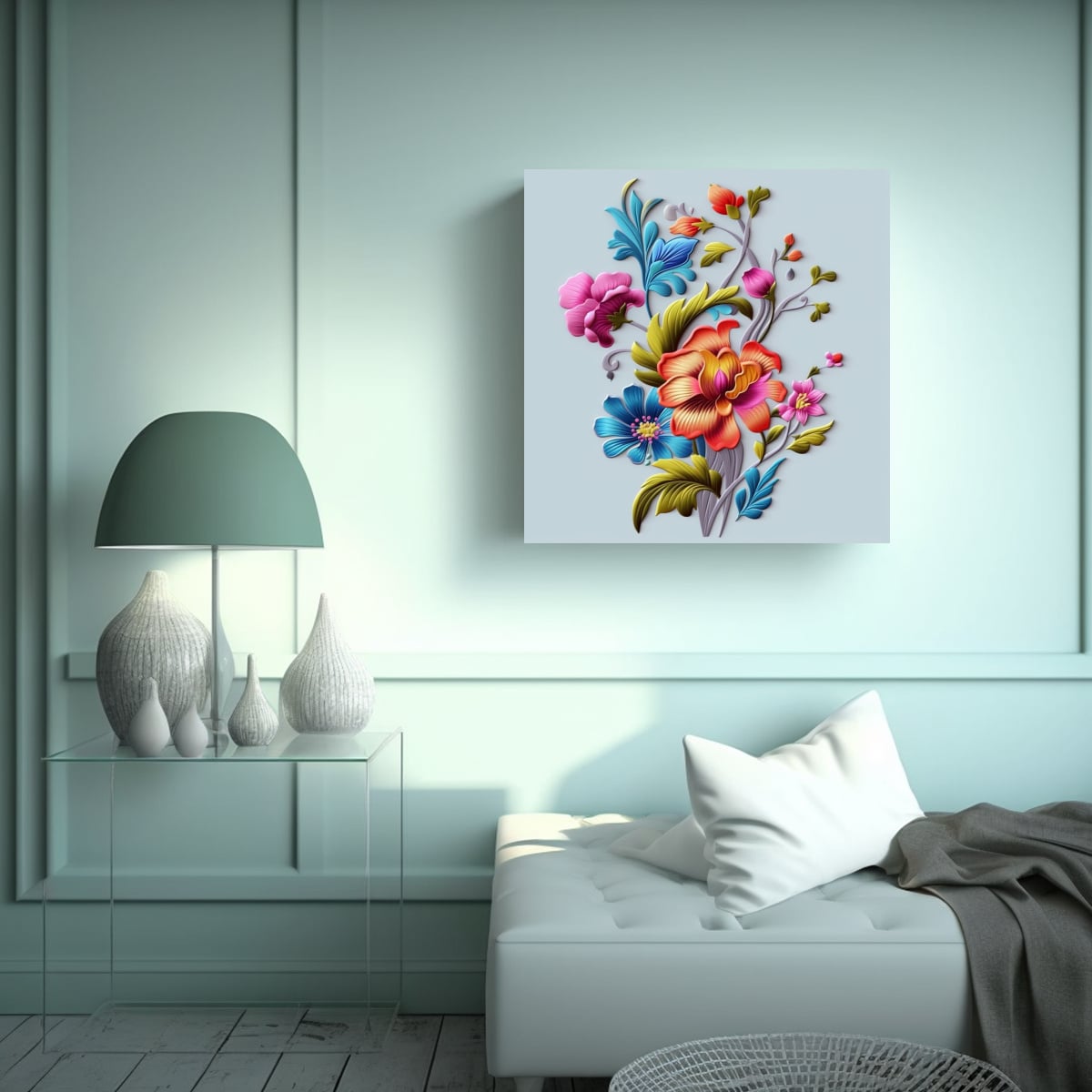 ARTE 3D BORDADO ÚNICO RAMA COLORIDA HOGAR 70X70 CM - 2