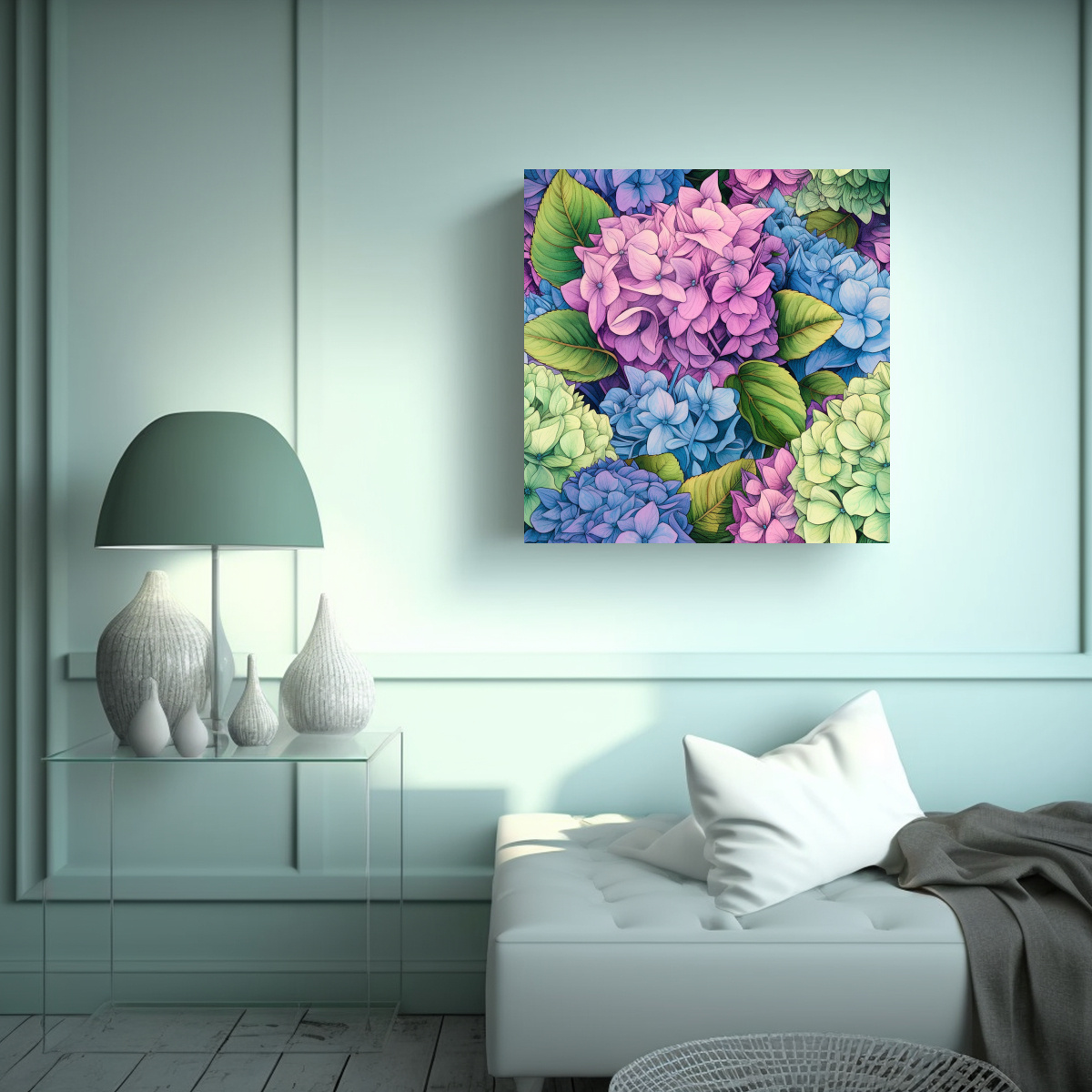 BASTIDOR TELA ARTE FLORAL HYDRANGEA DIBUJO POR 40X40 CM - 2