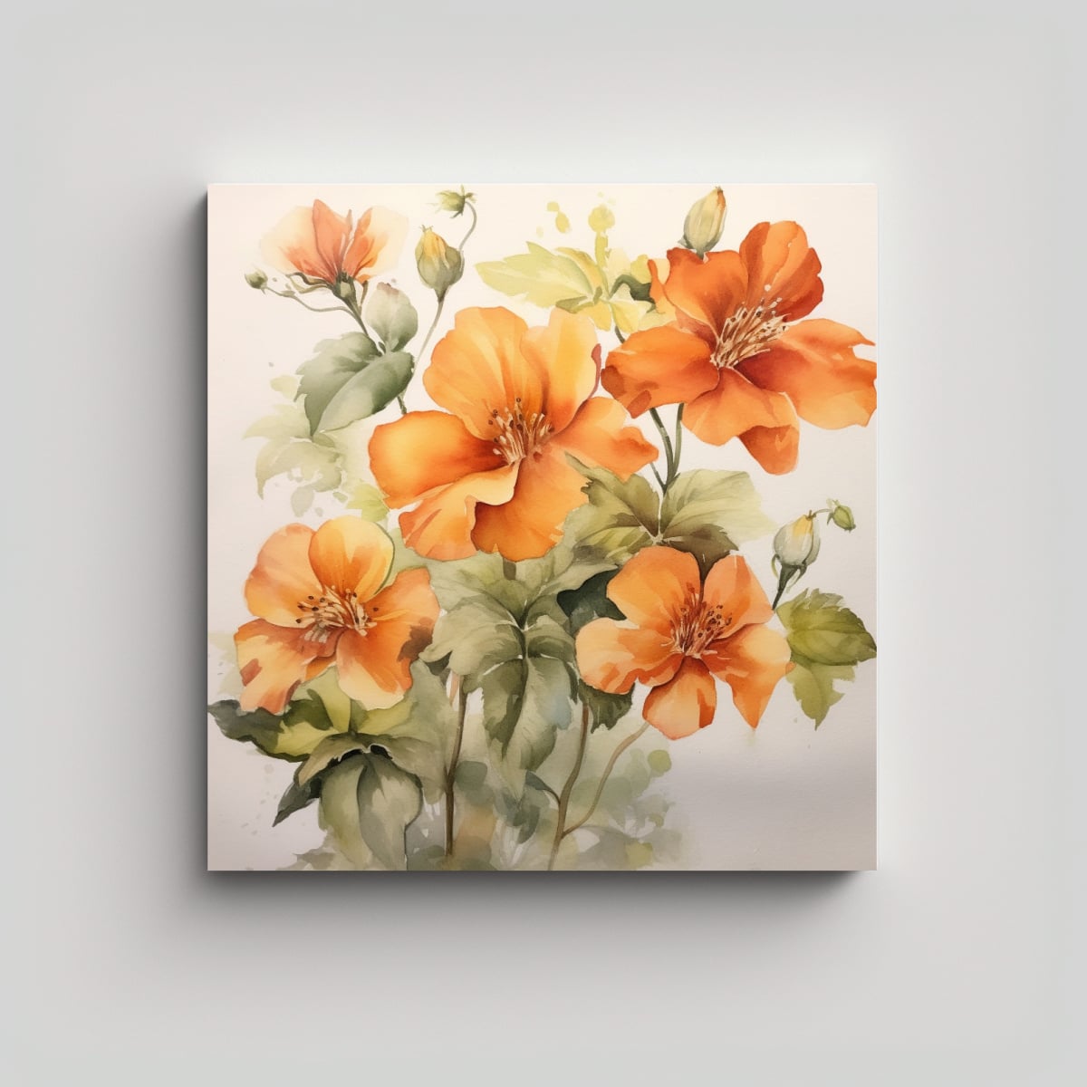ELEGANTES FLORES ACUARELA NARANJA LIENZO ARTE 40X40 CM - 1
