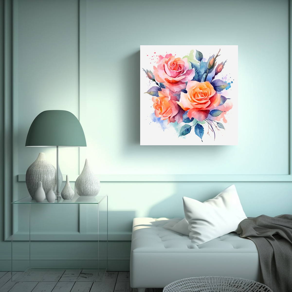 ARTE DE PARED FLORAL ACUARELA ROSAS BLANCAS 60X60 CM - 2