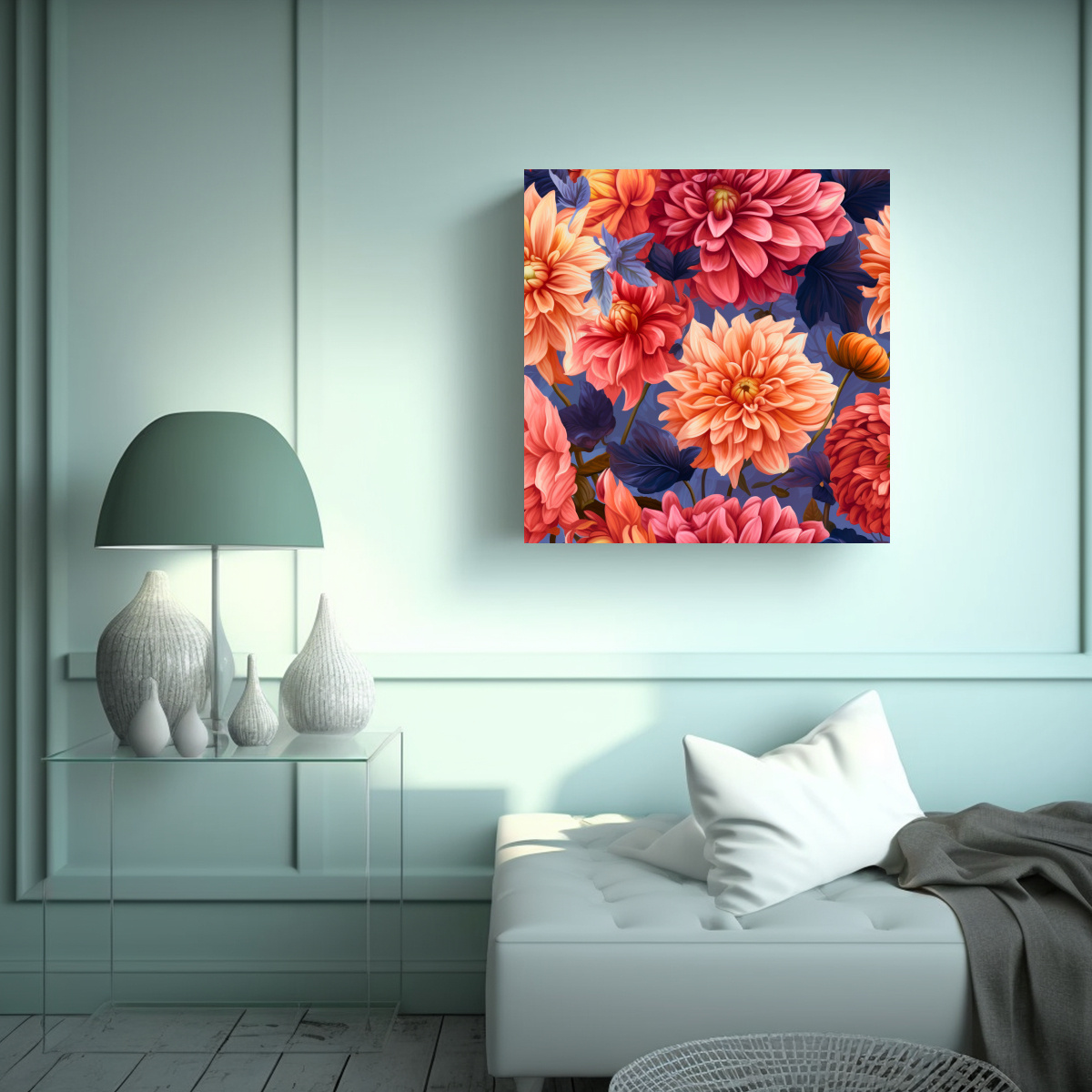 CUADRO ABSTRACTO VIBRANTE DE DAHLIAS ZINNIAS 80X80 CM - 2