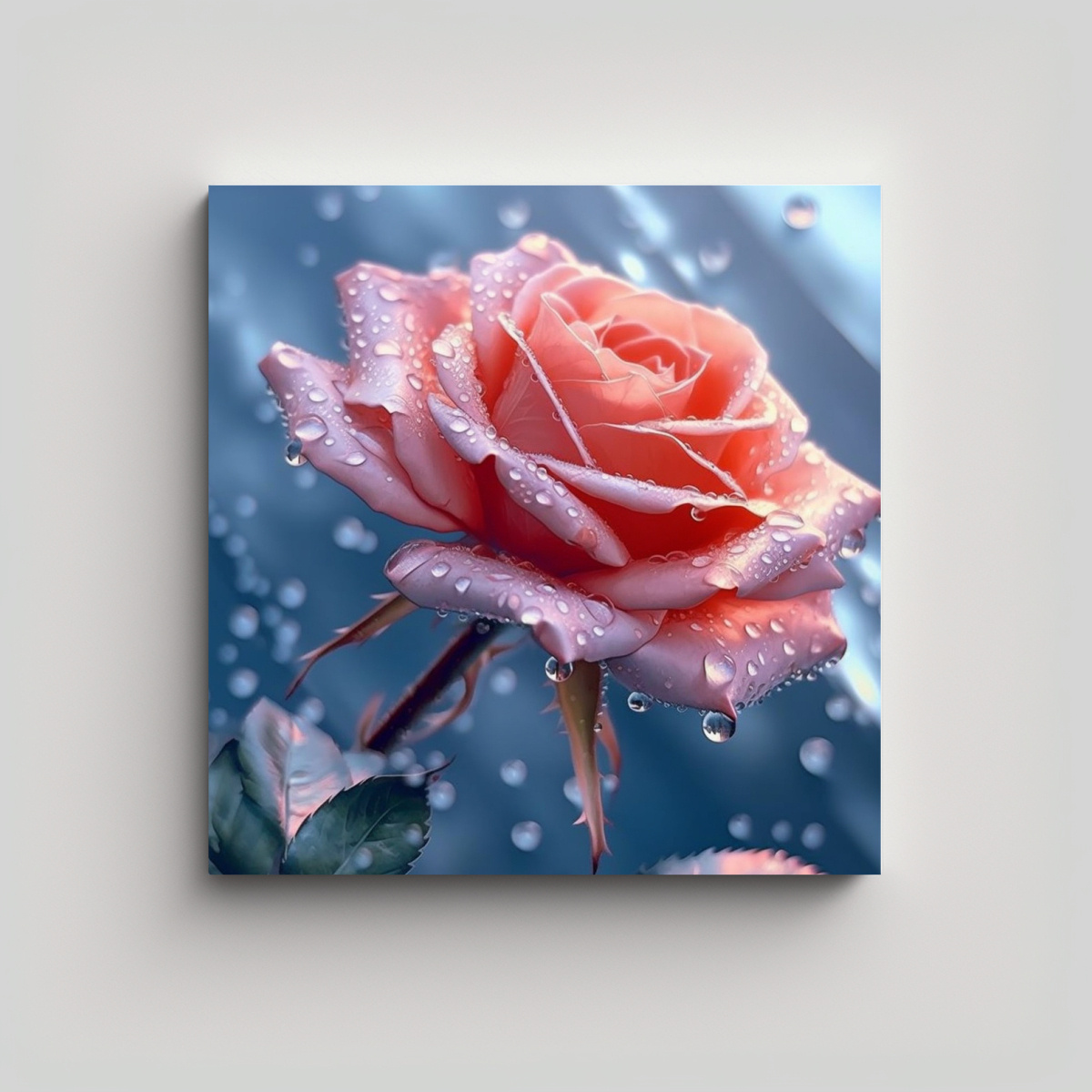 CUADRO ENIGMÁTICO ROSADO CON RAMA HOJAS GOTAS DE 40X40 CM - 1