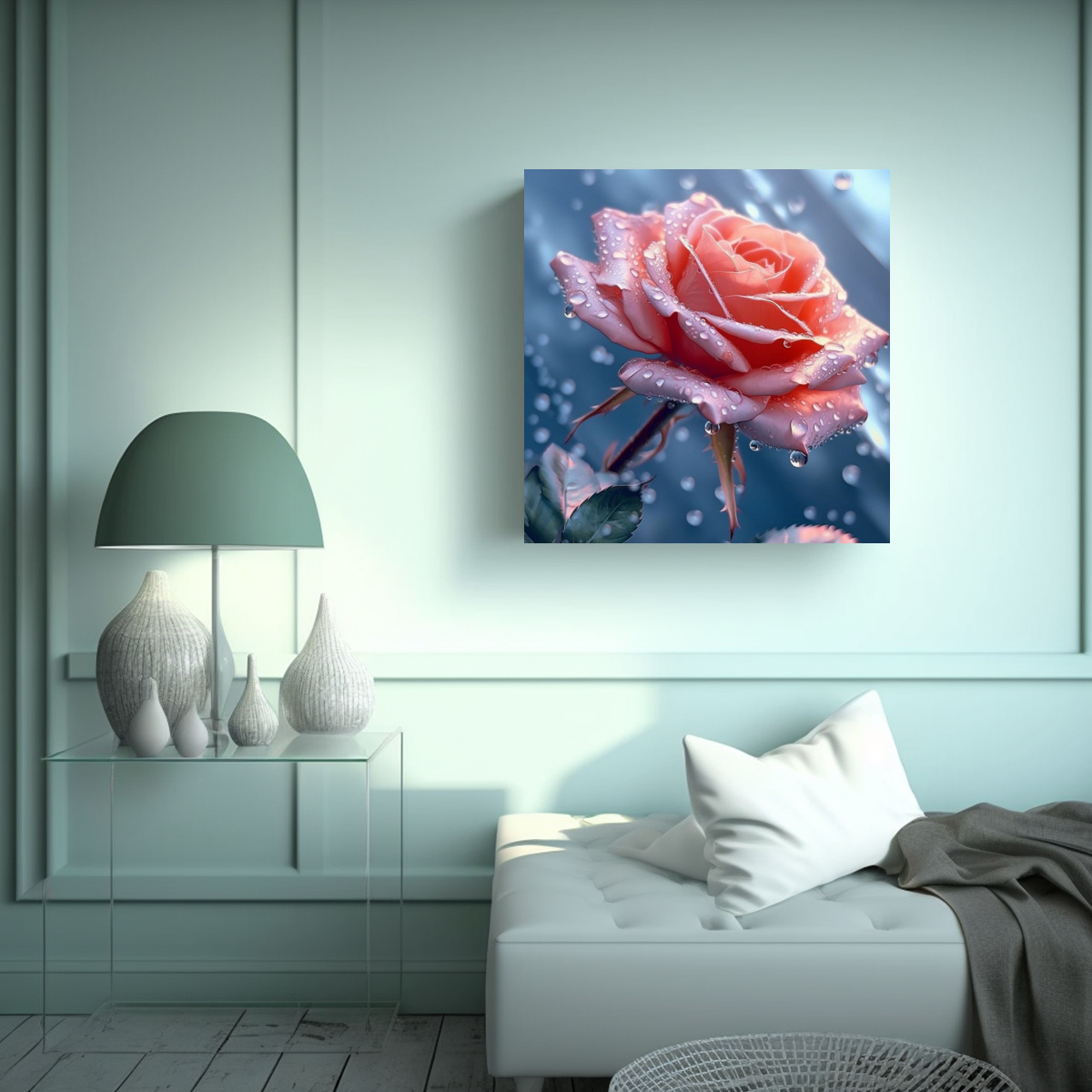 CUADRO ENIGMÁTICO ROSADO CON RAMA HOJAS GOTAS DE 40X40 CM - 2
