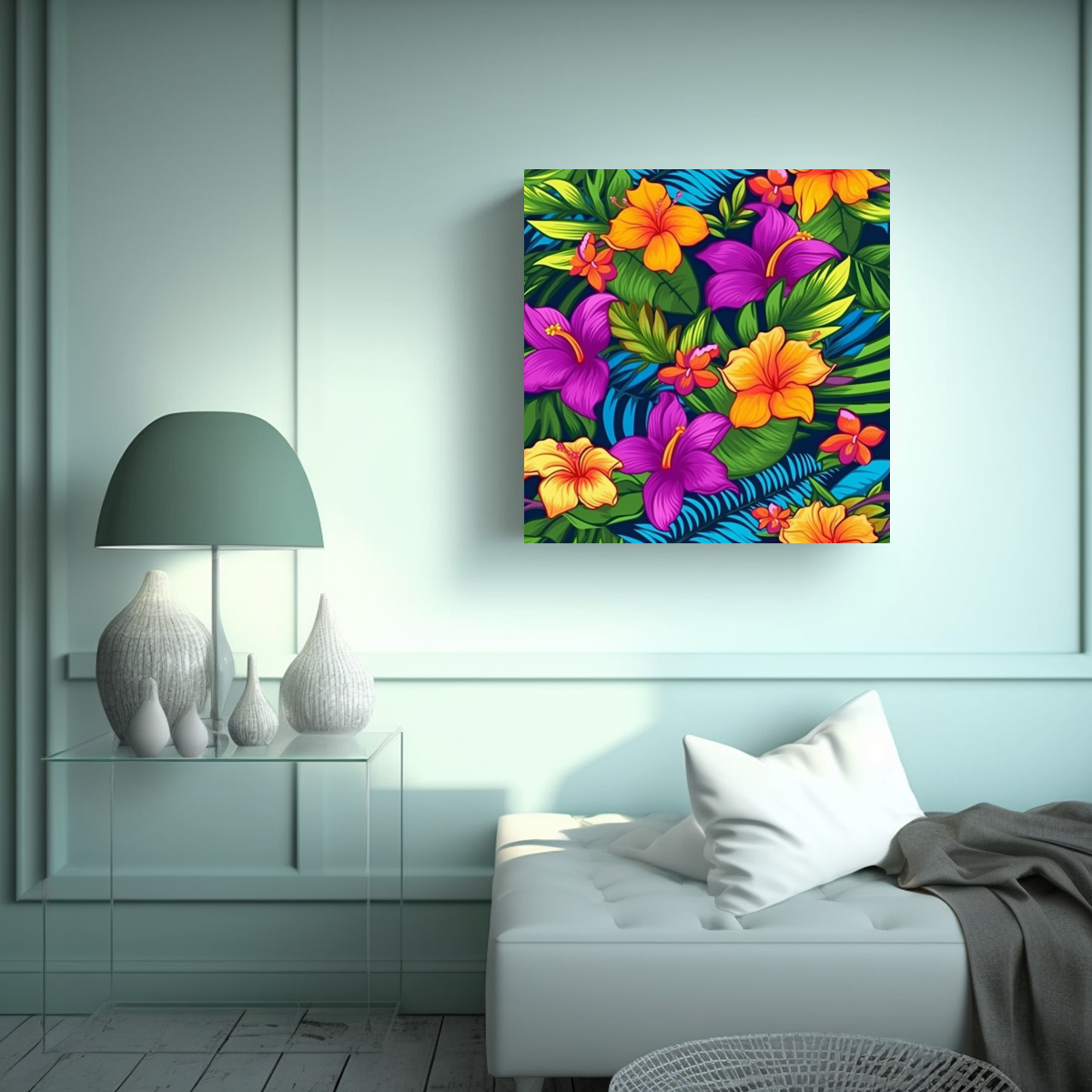 TROPICAL FLORES BRILLANTES ÚNICAS PINTURA SOL 90X90 CM - 2