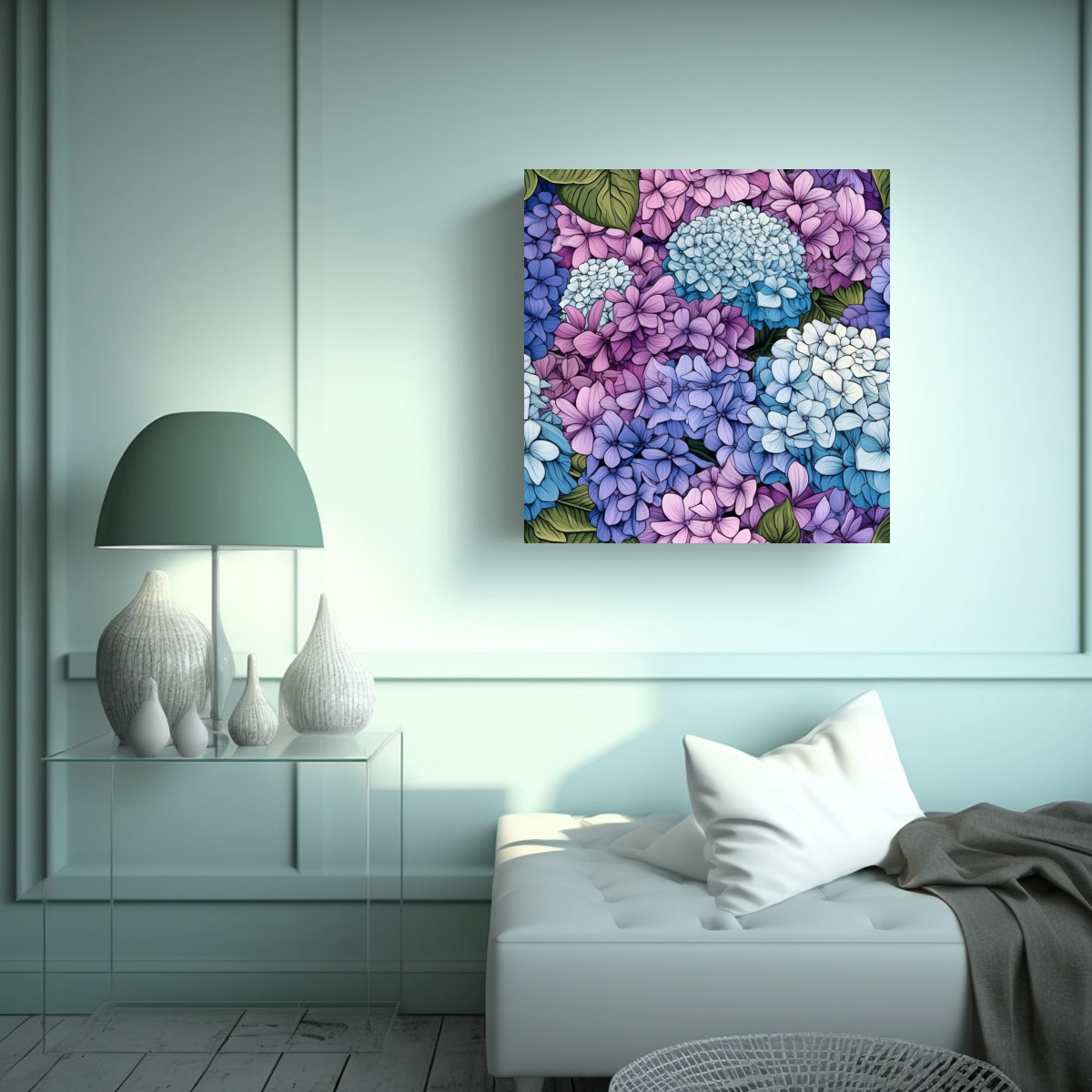 CUADRO MODERNO FLORAL DE HYDRANGEA DETALLADA EN 90X90 CM - 2