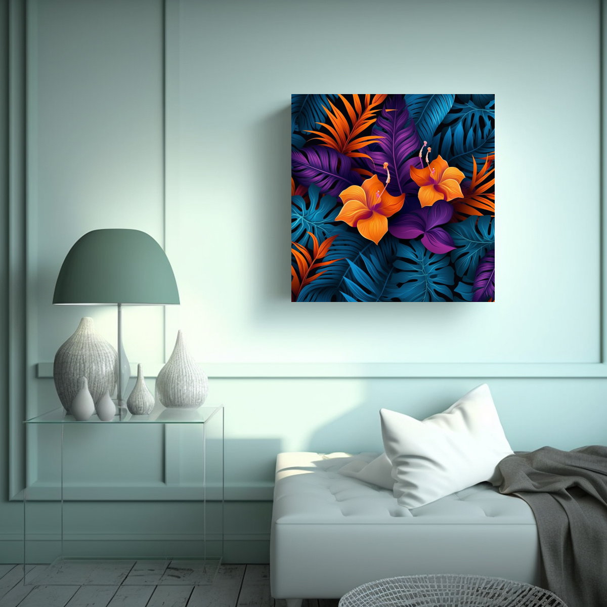 ARTE TROPICAL VECTORIAL DE HOJAS Y FLORES 90X90 CM - 2