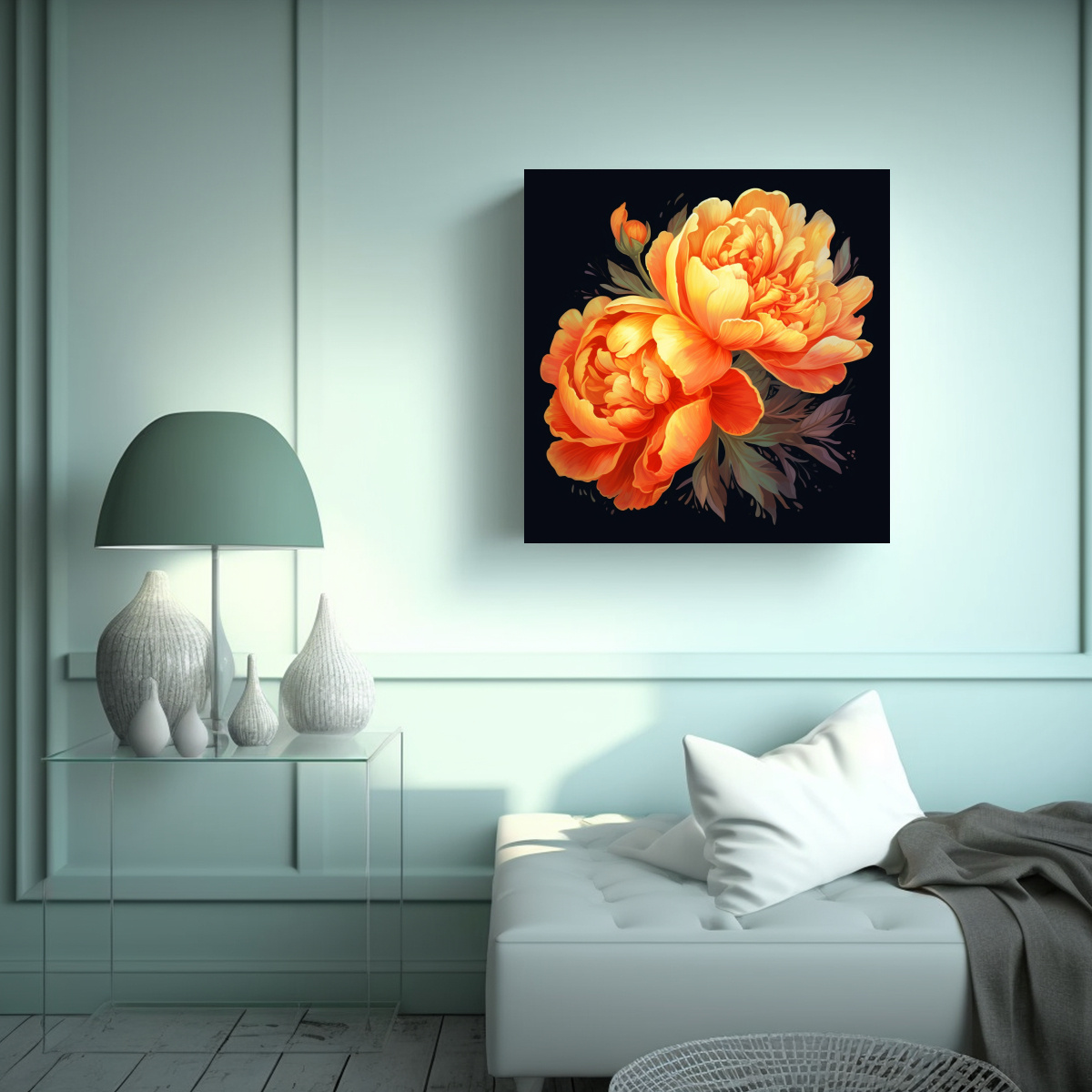 ILUSTRACIÓN ENIGMÁTICA DE PEONÍA NARANJA: ARTE 100X100 CM - 2