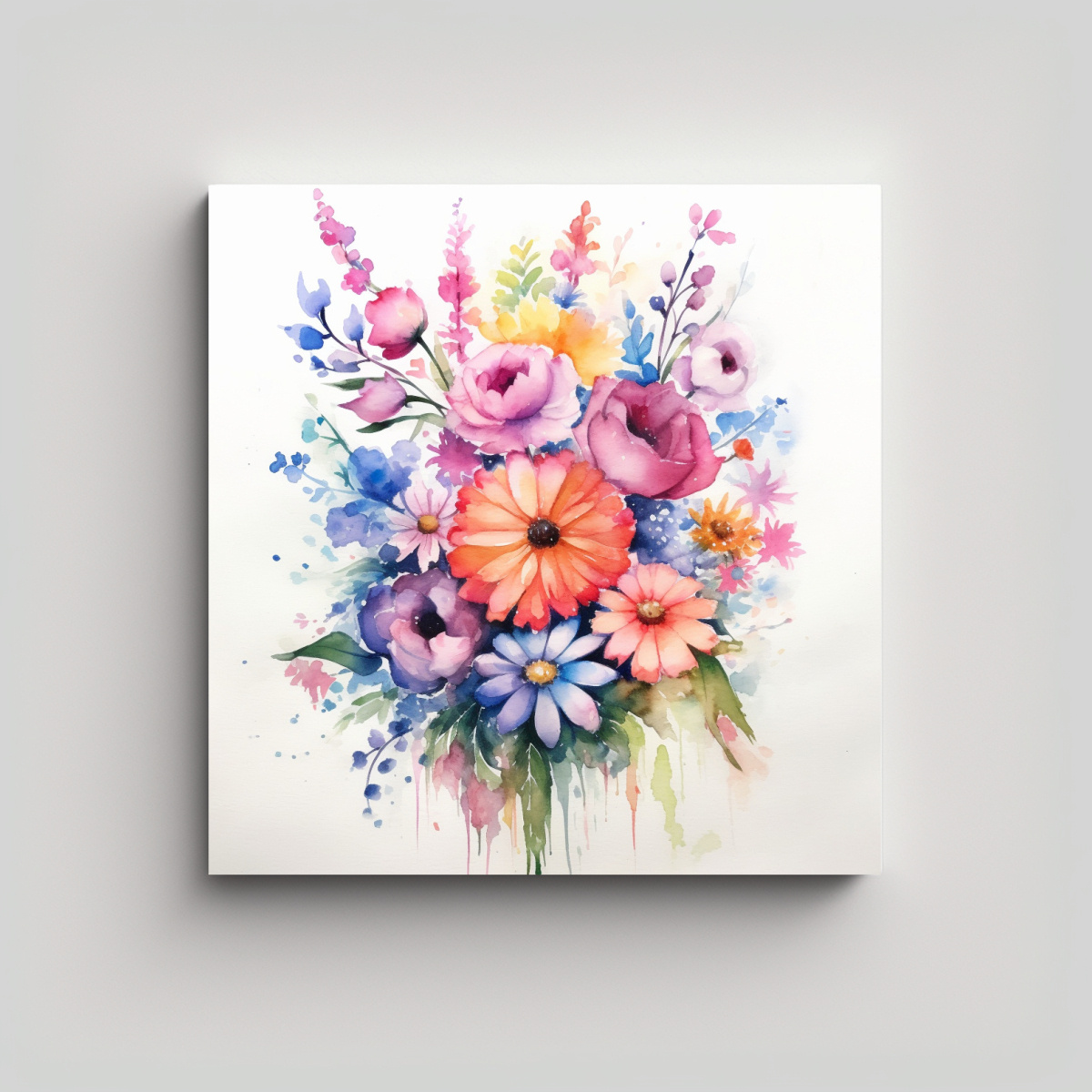 CUADRO DE TELA SUBLIMADA CON RAMO FLORES ACUARELA 80X80 CM - 1